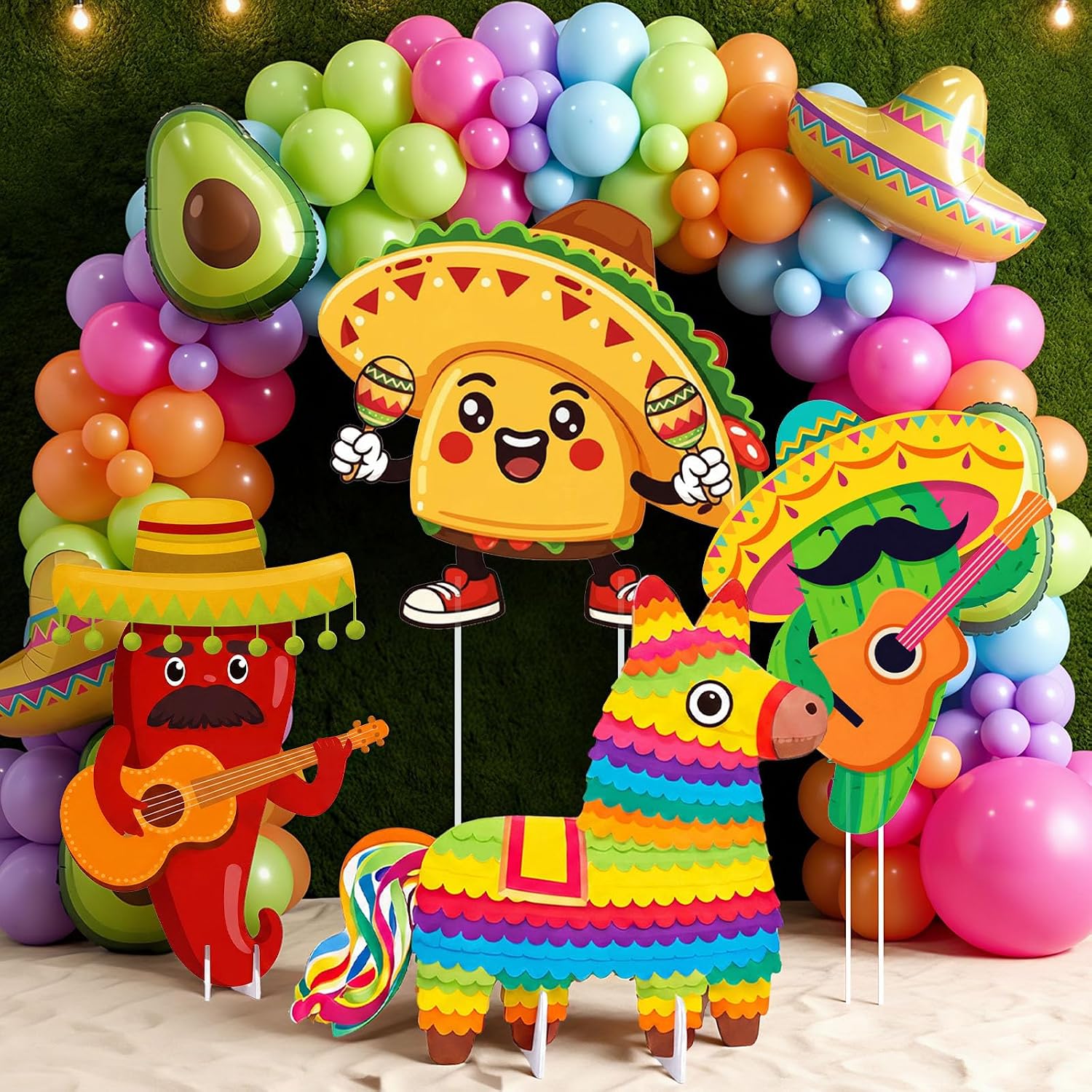 Sabary 4 Pcs Large Fiesta Mexican Party Decorations Taco Cactus Sombrero Llama Cardboard Cutouts for Fiesta Mexican Themed Taco Party Birthday Day of the Dead Decor Supplies
