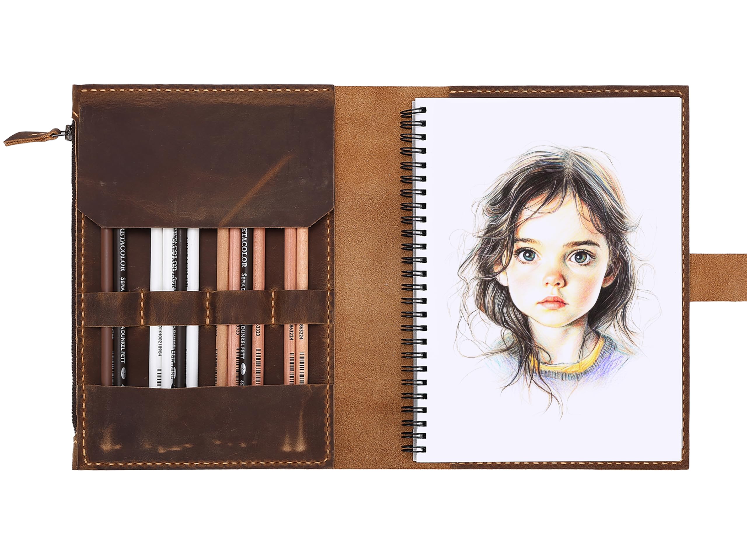 Copertina in pelle per album da disegno A5/14 x 21,6 cm, realizzata a mano, in vera pelle, con portapenne e tasca con cerniera, forniture professionali da disegno (marrone, 14 x 21,6 cm)