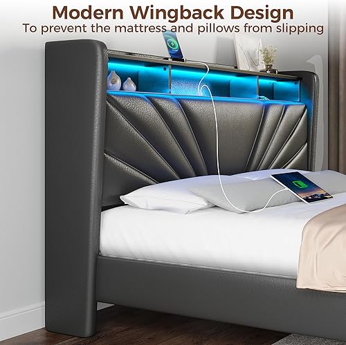 Miniatura 34 de Rolanstar Base de cama tamaño King, cabecera de almacenamiento con estación de carga y luces LED, cama tapizada con listones de madera resistentes,