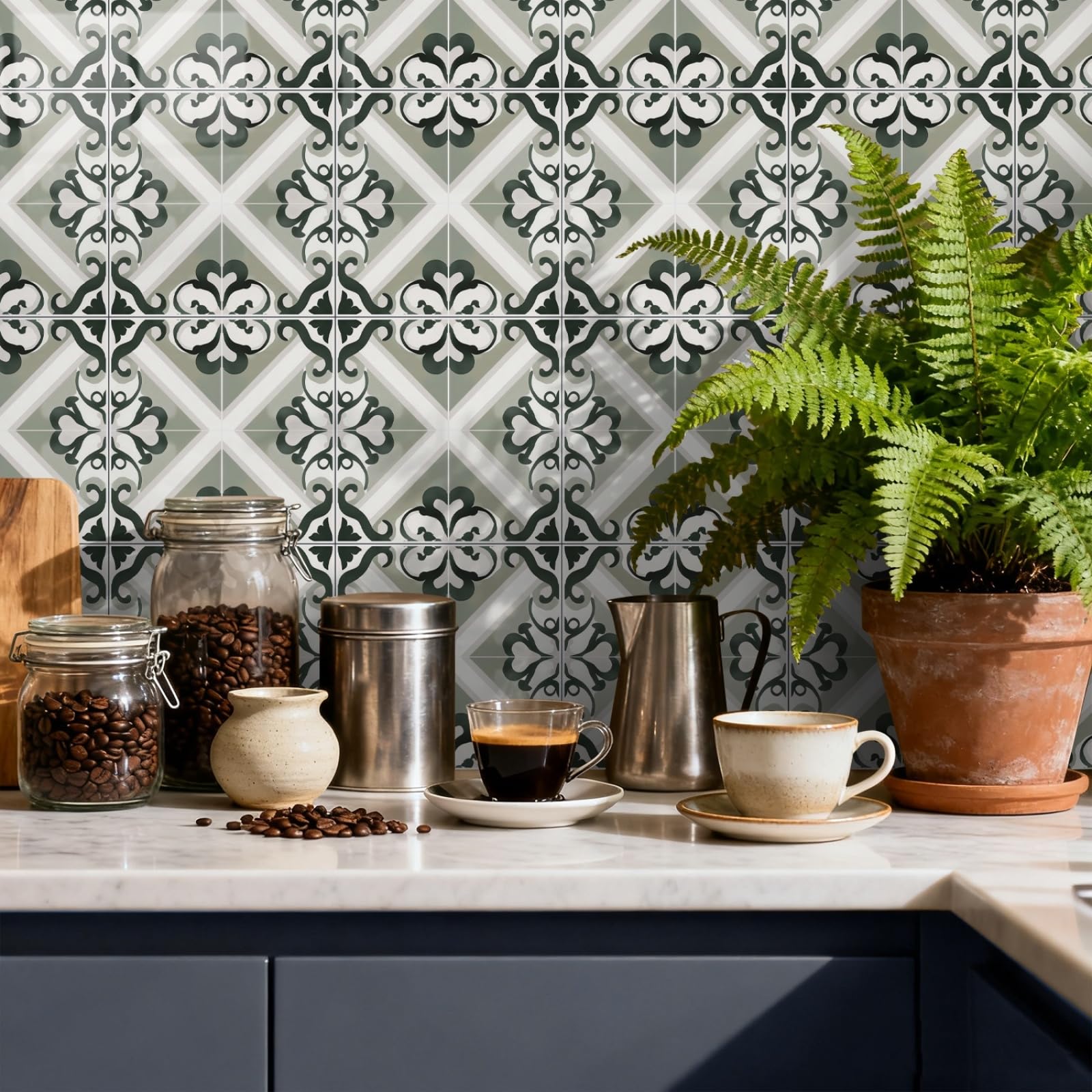 Peel and Stick Wall Tiles Geometric Green Floral Tiles Self Adhesive PVC Home Decor Backsplash Kitchen Tile Stickers Waterproof Tile Stickers for Bathroom 20x20cm /24 Pcs