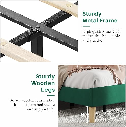 Miniatura 7 de Sunrise Coast Base de cama tamaño Queen con cabecero vertical copetudo, cama con diseño de alas, marco de cama Queen de terciopelo verde, no