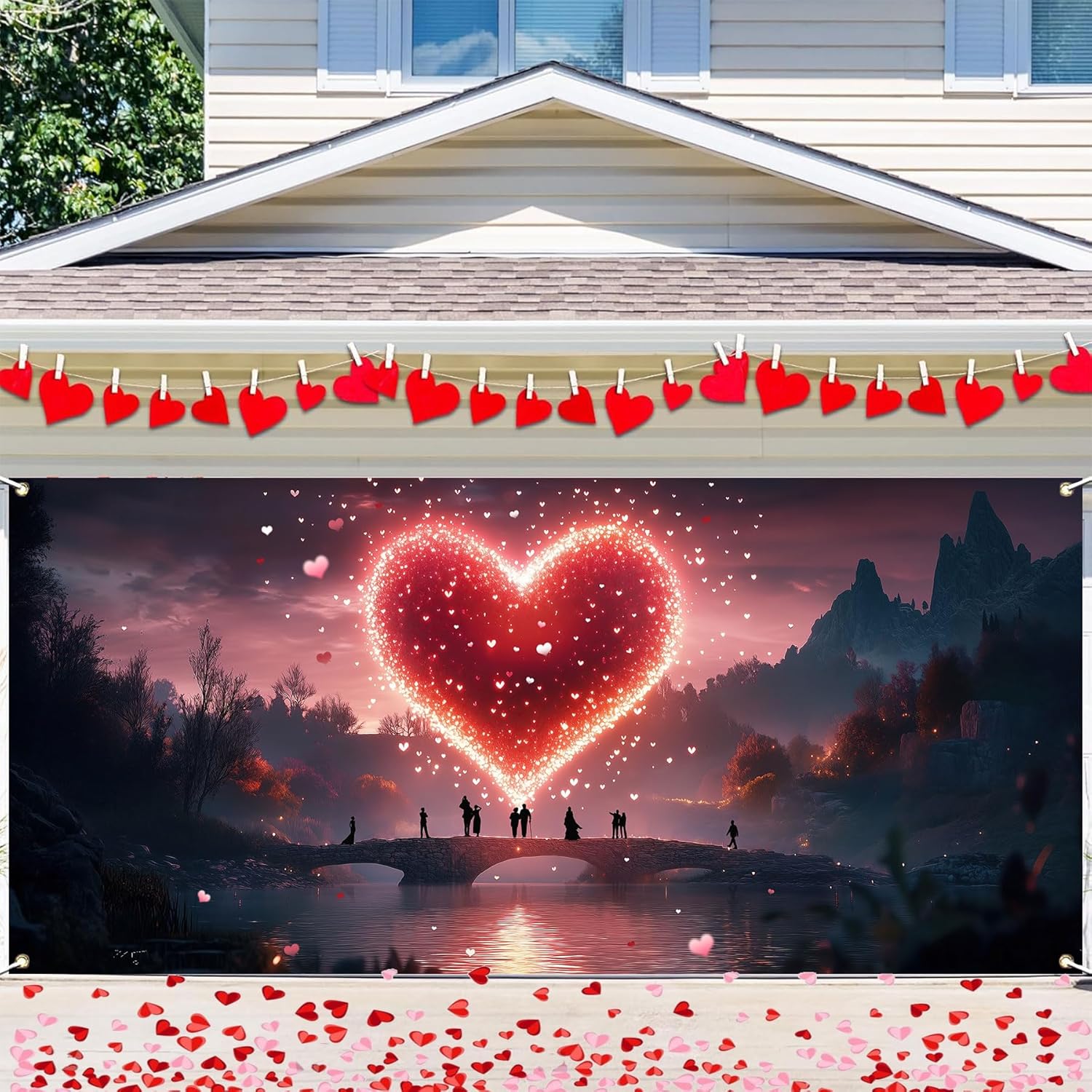 Happy Valentine's Day Garage Door Decorations Cover, Romantic Valentines Pink Flamingo Red Love Heart Tree Garage Door Banner, Indoor Outdoor Valentines Party Decorate Backdrop, 16X7FT