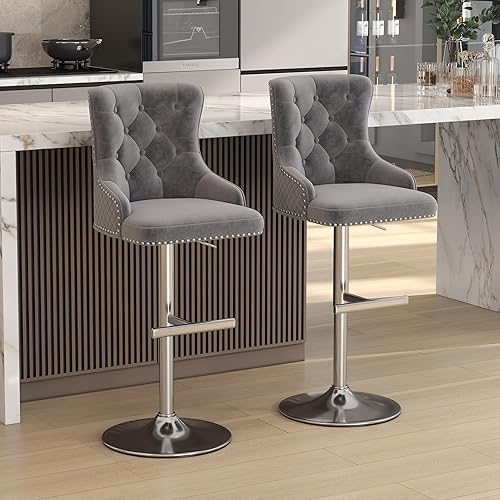 Miniatura 69 de ABET Juego de 2 taburetes de bar, taburetes de altura de mostrador con reposapiés, silla giratoria ajustable de terciopelo para isla de cocina con