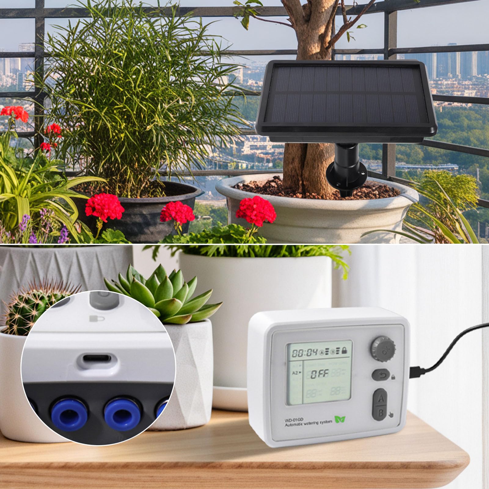 Fockety sistemas di Irrigazione Solare a Goccia, Kit di Irrigazione Automatica Wi-Fi con Timer per 20 Piante in Vaso, per Giardino Interno Ed Esterno, Serra, Balcone, Patio