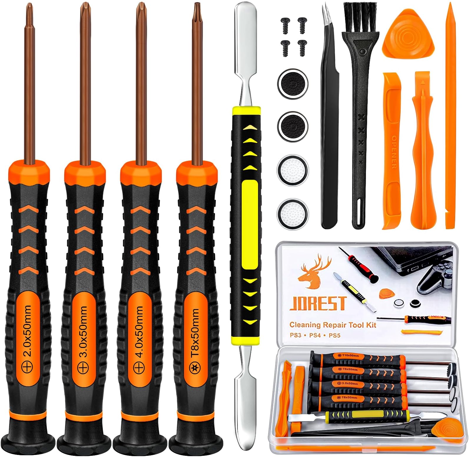 JOREST Cleaning Repair Tool Kit for PS3 PS4 PS5, with PH00 PH0 PH1 and T8 Torx Security Screwdriver, Crowbars, Tweezers, Brush, Grip Caps, Screws, Accessories for PS3/4/5 Controller and Console