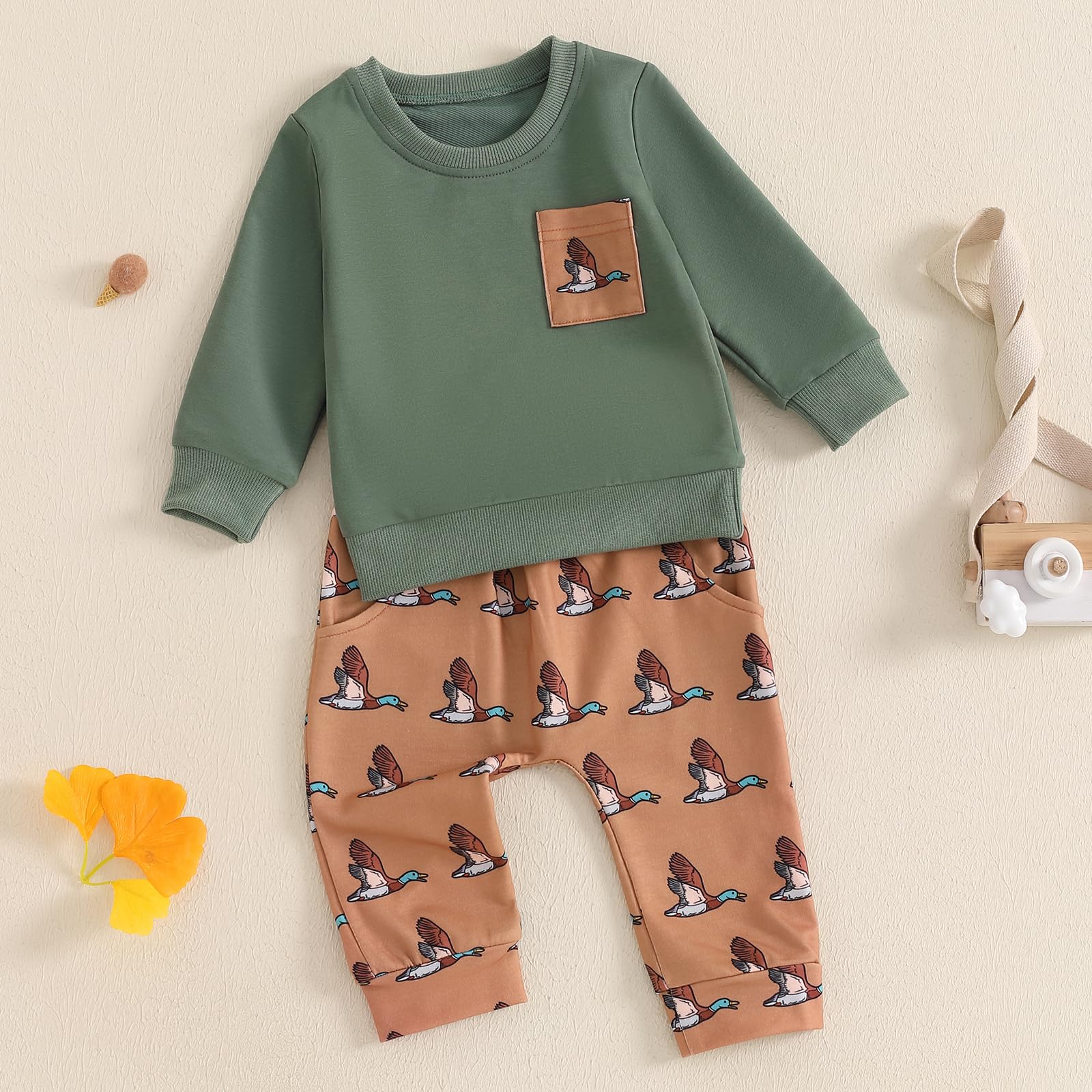 Kids Baby Boys Duck Hunter Clothes Mallard Duck Sweatshirt Pullover Solid Color Pant 2Pcs Toddler Hunting Baby Outfit (Green, 6-12 Months)