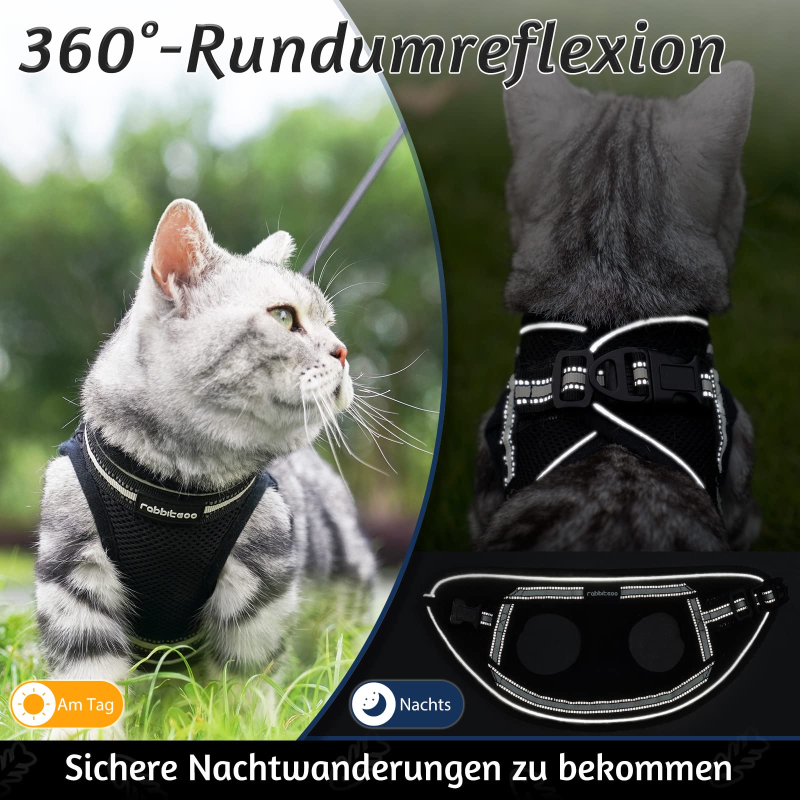 rabbitgoo Katzengeschirr mit Leine Ausbruchsicher, Katzenleine mit Geschirr, Katzengeschirr Kitten Verstellbar Weich Kätzchenweste mit Reflektierenden Streifen für Extra Kleine Katzen, Schwarz S