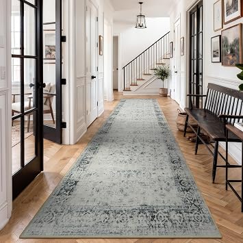 Morebes Vintage Rugs Runners for Hallways 12ft, Washable Long Kitchen Runner Rug Non-Slip, Soft Gray Distressed Indoor Floor Carpet for Entryway Laundry Room Office Foyer2.5x12, Gray