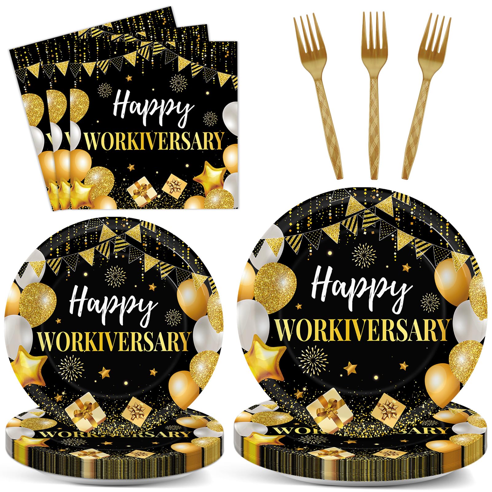 Justforjoyful 96Pcs Happy Work Anniversary Party Supplies Black Gold Happy Workiversary Tableware Dinnerware Set Worker Appreciation Plates Napkins