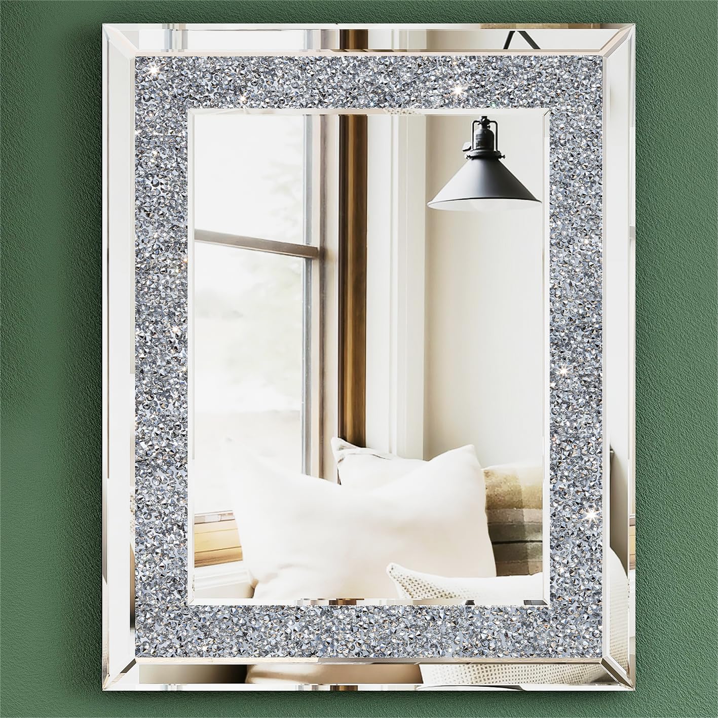 Crystal Mirror for Wall Decoration - 40 x 50 cm Rectangular Silver Spark Crushed Diamond Mirror, Wall Mounted Decorative Mirror for Living Room