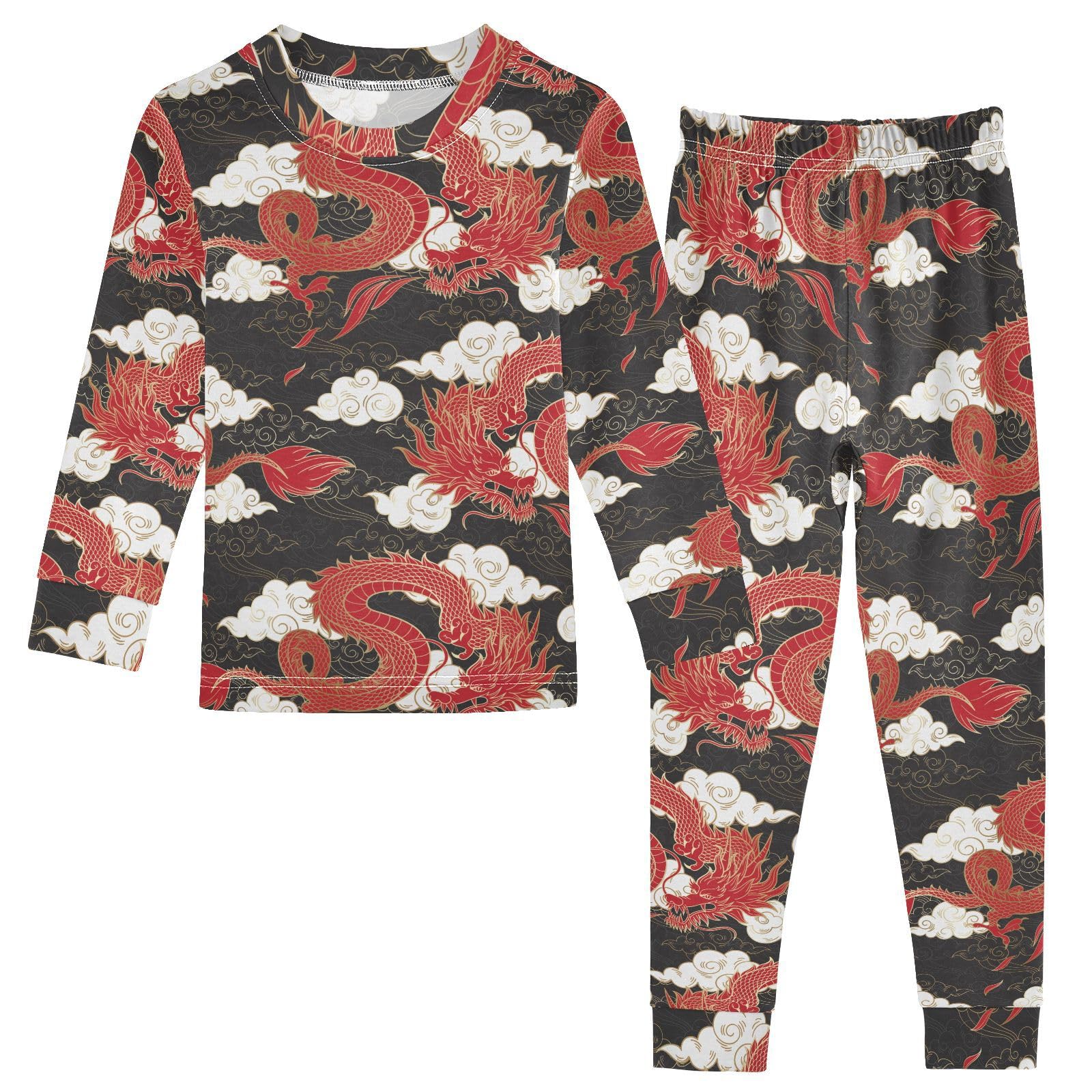 JHKKU Asian Dragon Pajamas Set Cotton 2 Piece Soft Comfy Pjs Long Sleeve Lounge Sleepwear 24M
