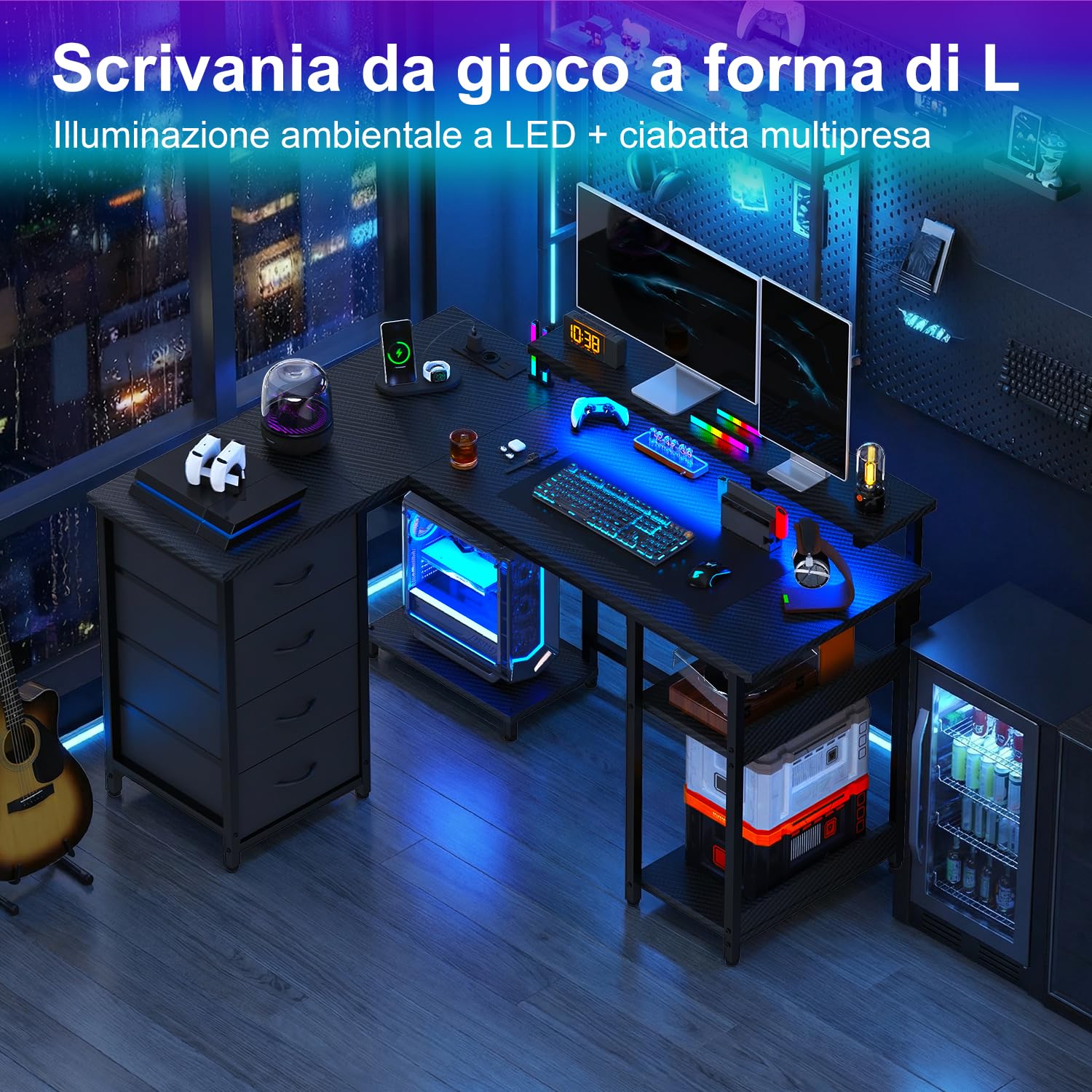 JUMMICO Scrivania Angolare a Forma di L 135 cm con Luci LED, Scrivania per Computer Ufficio Casa, Tavolo da Gaming con Ripiani Portaoggetti, Struttura Stabile e Design Reversibile, Nero