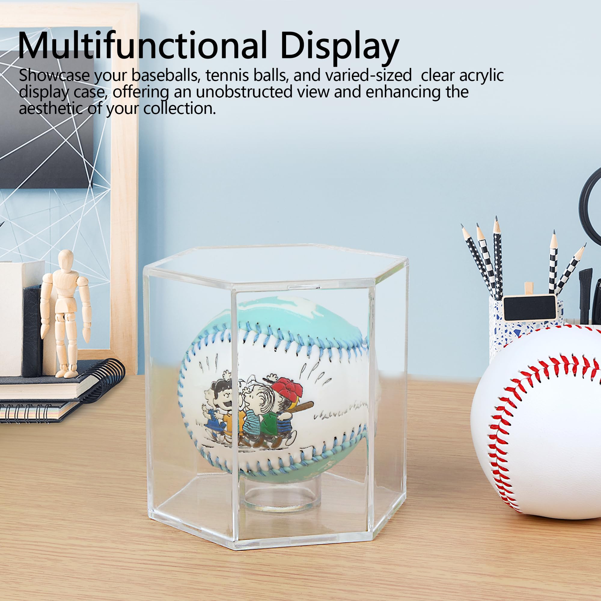 Vitrina hexagonal de acrílico transparente, protección UV, resistente al polvo para béisbol, pelotas de tenis, monedas, hermética con cierre sin costuras y soportes versátiles con 1 pelota y 2