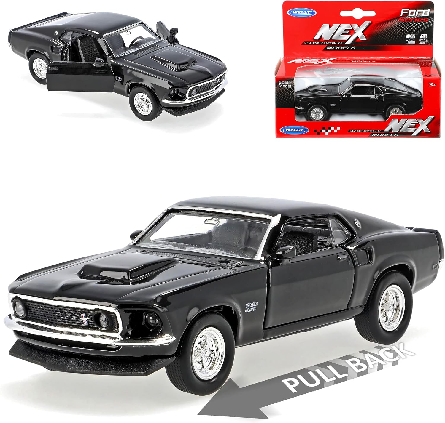 Coche De Colección Welly Ford Mustang Boss 429 - 1/24, Color Negro, 1969, Puertas Y Capó Abribles