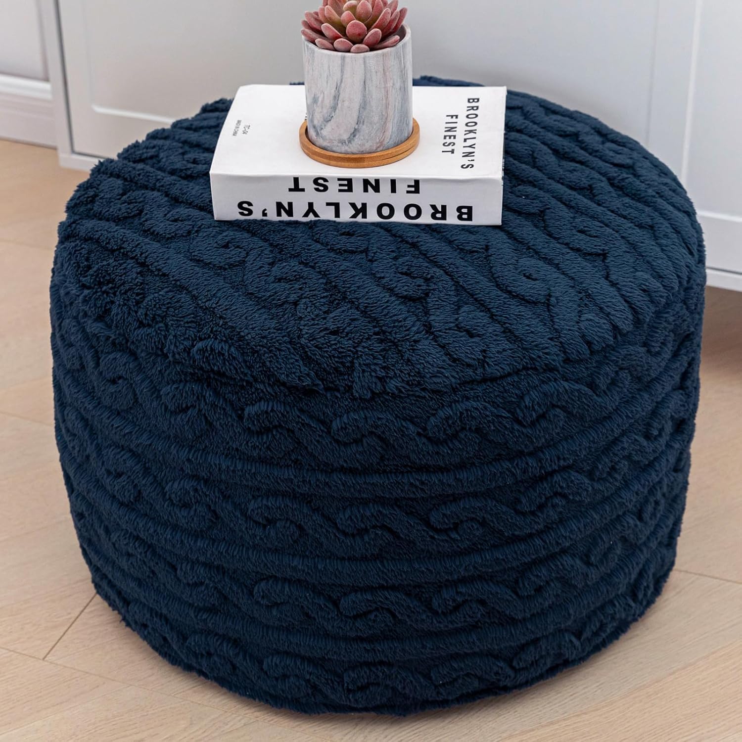 Pouf Ottoman Stuffed 20x20x12 Inches Floor Pouf Plush Fiber Ottoman Foot Rest Under Desk Foot Stool for Living Room Bedroom (Navy Blue)