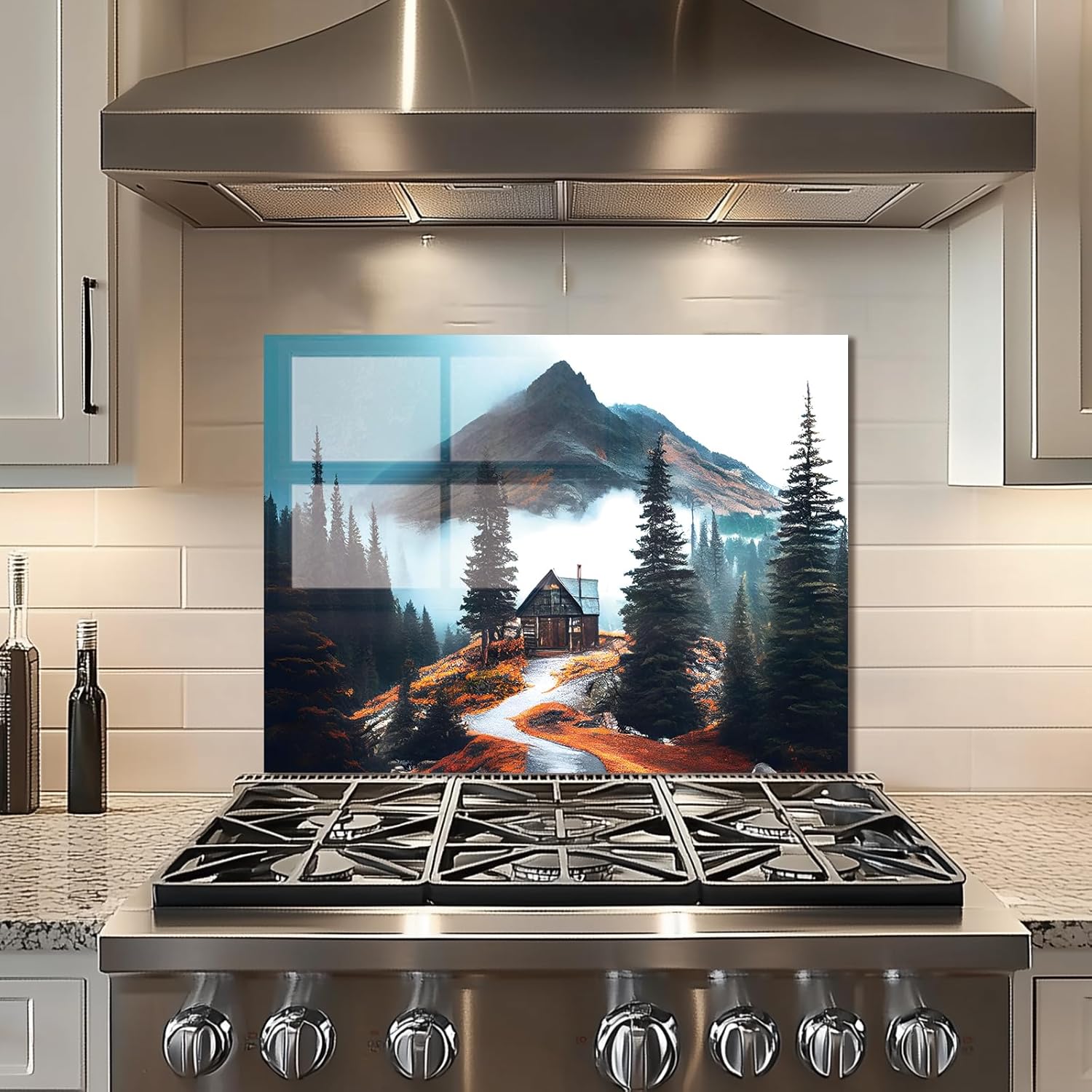 Fzxwyishu Kitchen Backsplash, Far Away Cabin Tempered Glass
