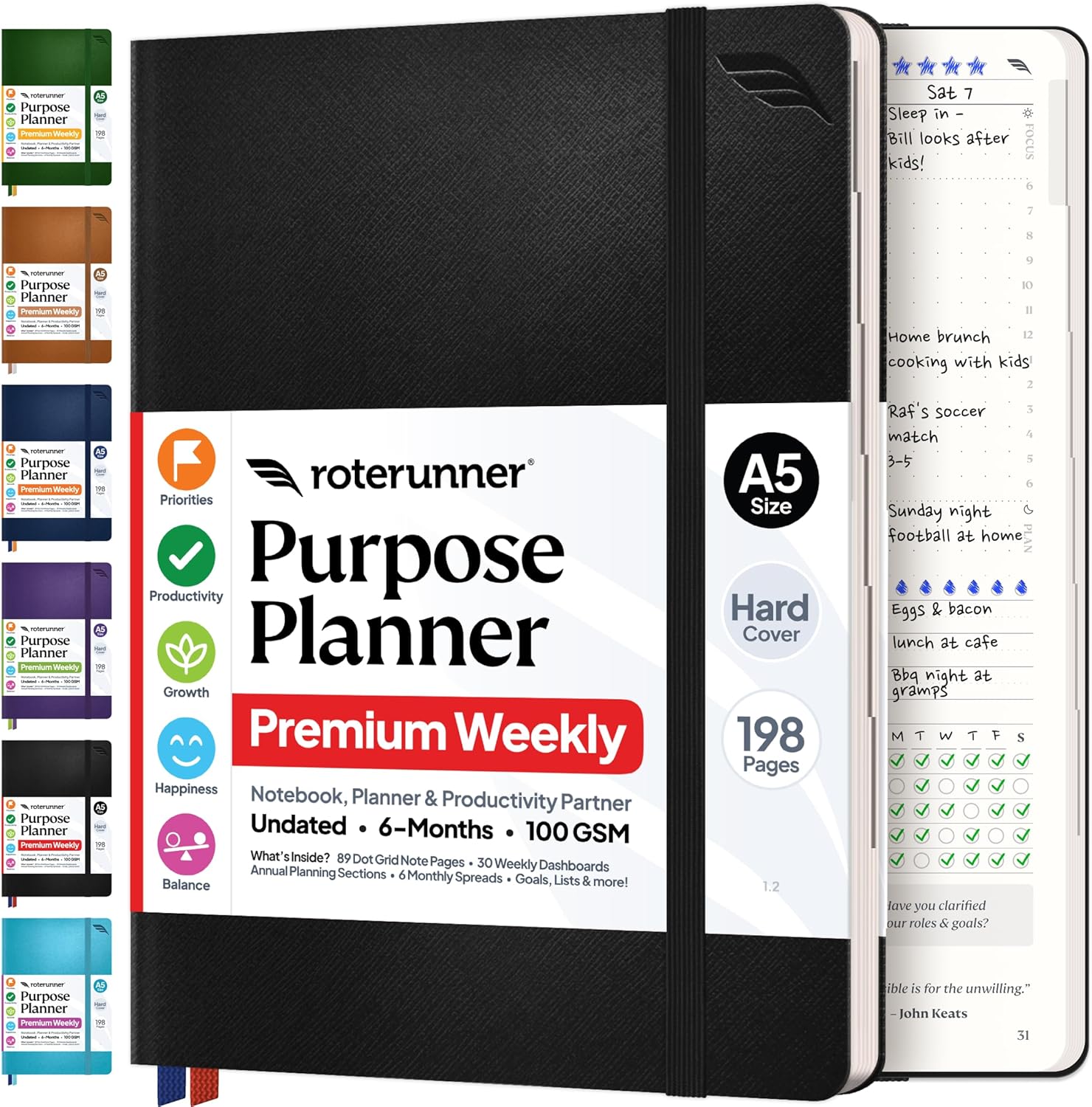 Roterunner Purpose Planner Notebook A5 5.8”x8.3” Undated 2026 Daily Weekly and Monthly Productivity Goal Setting Tool for Work Home ADHD Planner for Adults Self Care Journal (Black Hardcover)