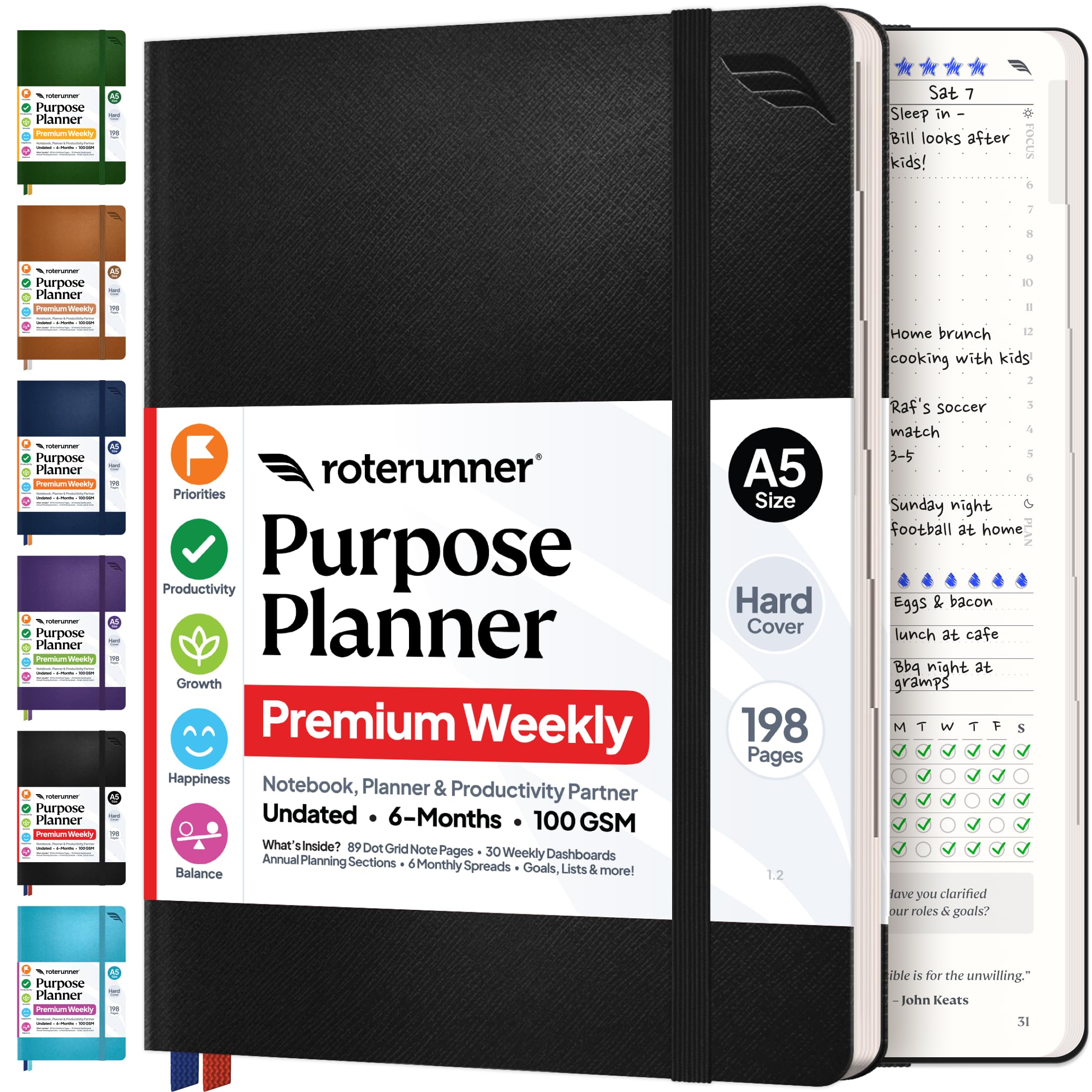 Roterunner Purpose Planner Notebook A5 5.8”x8.3” Undated 2026 Daily Weekly and Monthly Productivity Goal Setting Tool for Work Home ADHD Planner for Adults Self Care Journal (Black Hardcover)