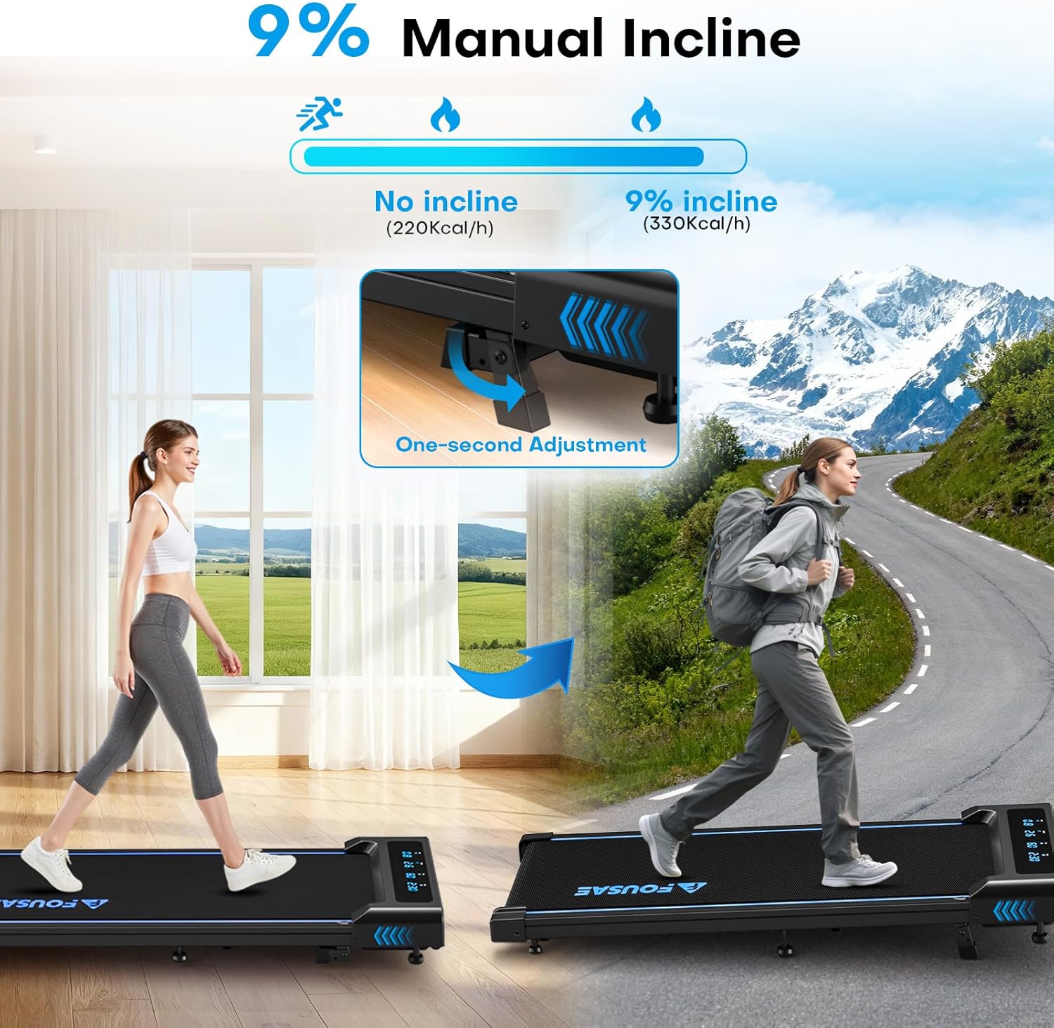 Diagram showing 9% manual incline adjustment on FOUSAE treadmill