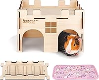 HIIMALEX Wooden Guinea Pig Castle Hideout with Ramp & Plush Bedding - Sturdy Habitat for Guinea Pigs, Chinchillas, Hamsters, Hedgehogs