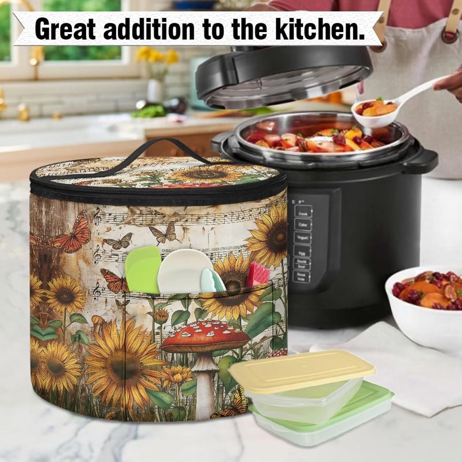 Sunflower Dust Cover Carry Bag for 6 Quart Pressure Cooker Butterfly Mushroom Kitchen Small Appliance Dust Covers Zipper Closure Insulated Rice Cooker Cover Air Fryer Carry Bag Washable