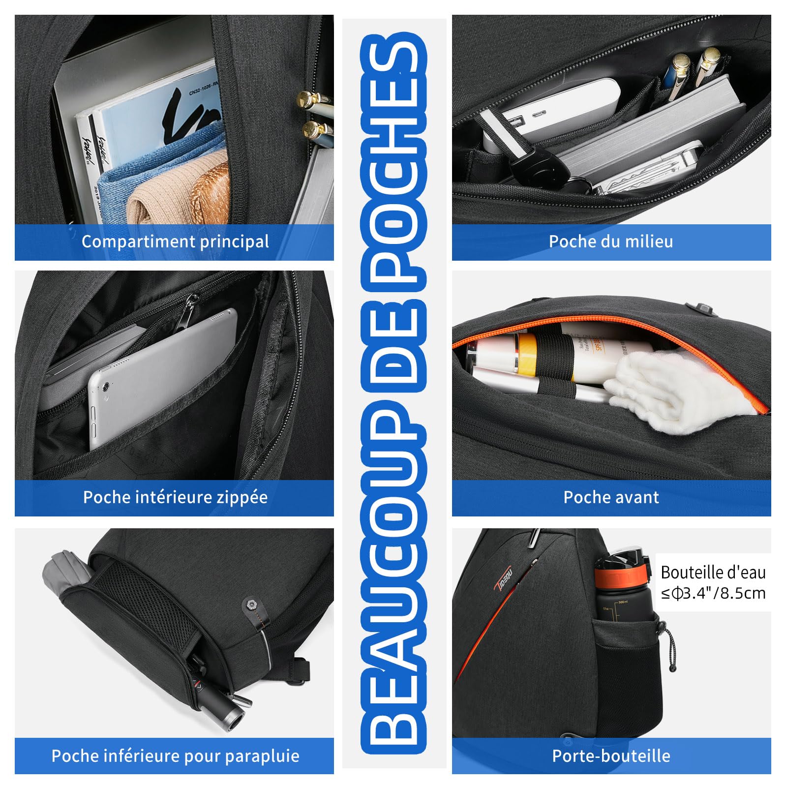 TUDEQU Sac à bandoulière pour Hommes, Sac à Dos à bandoulière avec 8 Poches pour Hommes, Sac à bandoulière de 19L pour Hommes