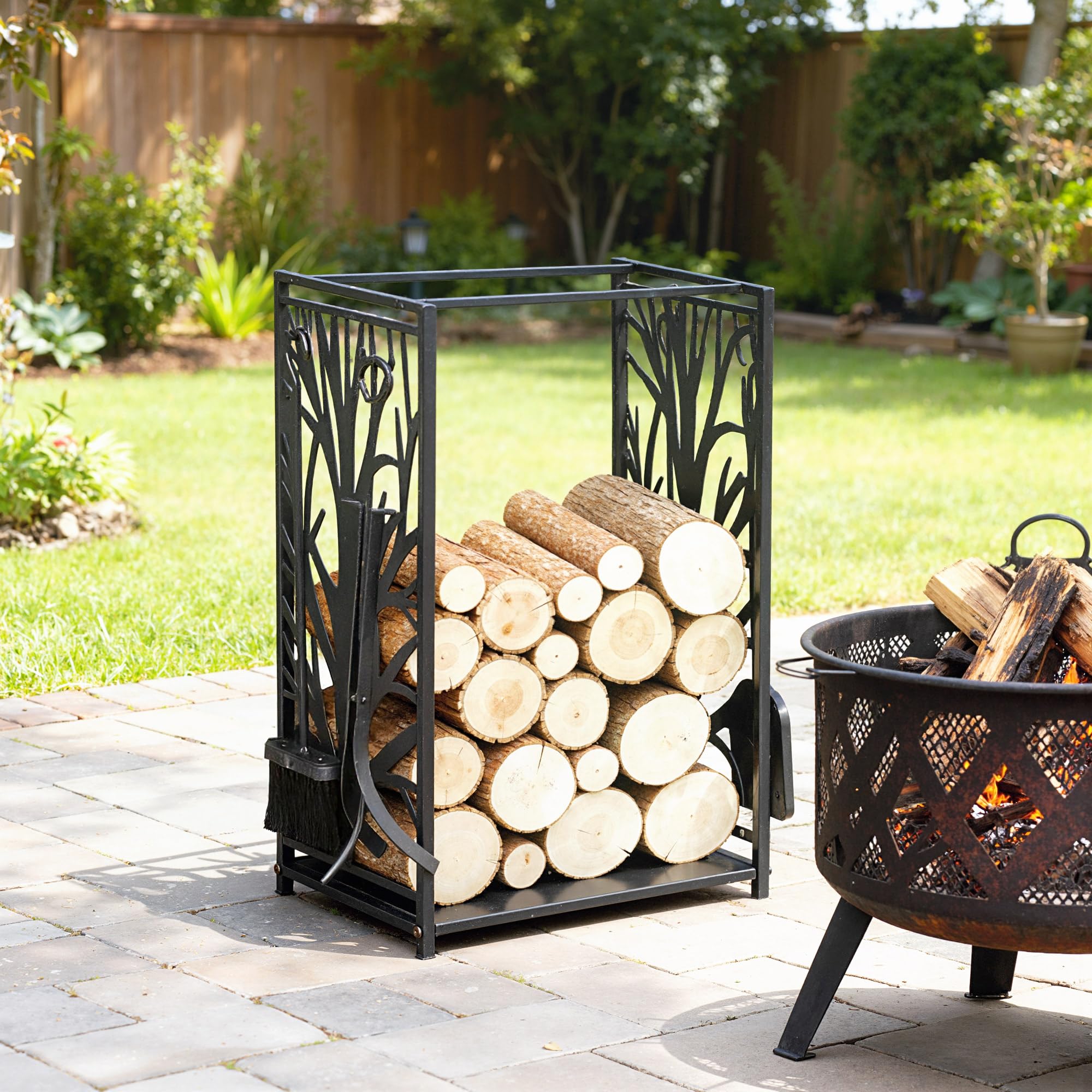 HOMCOM Estante para Leña Estantería de Almacenamiento para Chimenea Soporte para Leña con 4 Herramientas para Interior y Exterior 46x30x70 cm Carga 100 kg Negro
