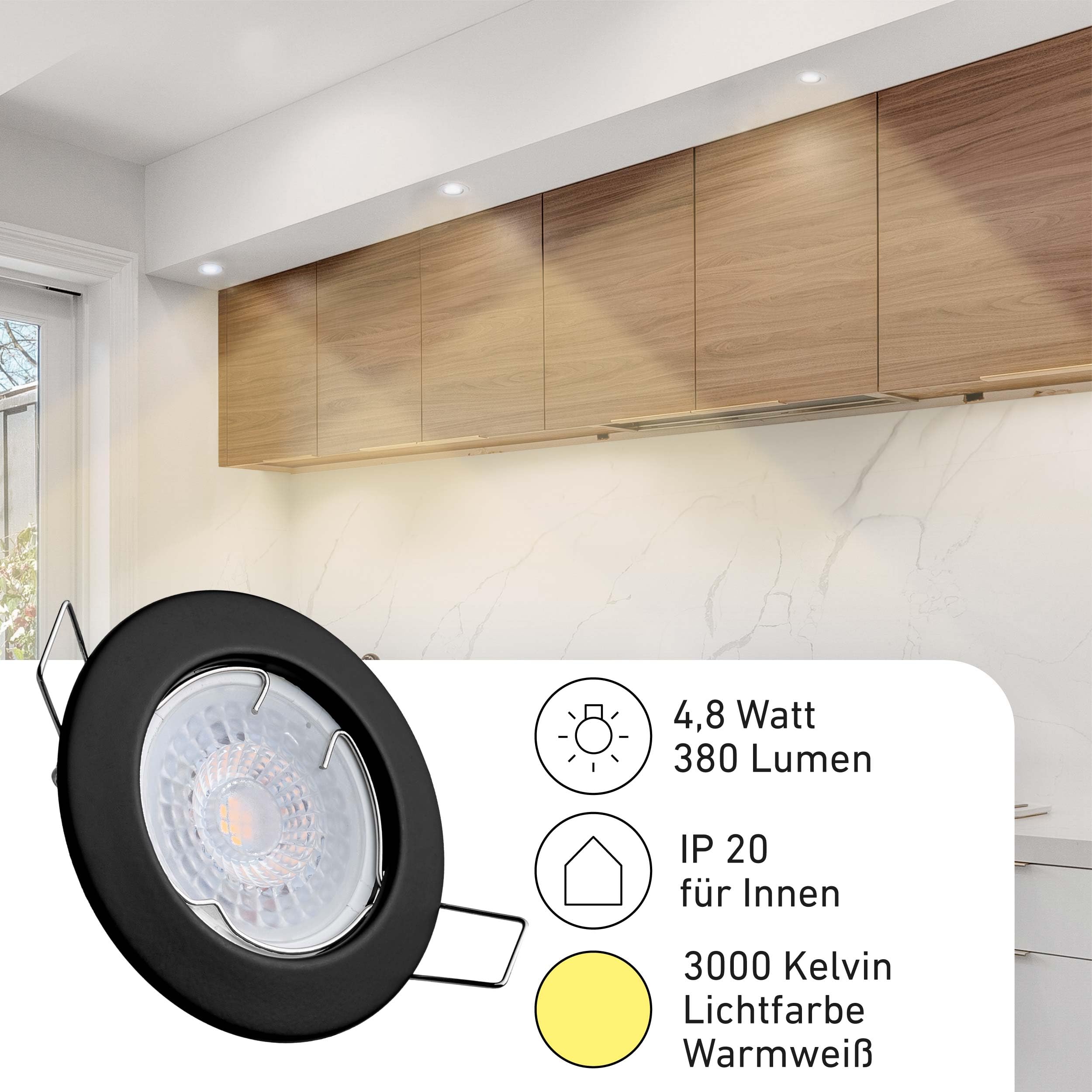 Oktaplex 9er Set Sedan Einbauspot 230V LED Spot 22mm Einbautiefe flach | Warmweiß 3000K, Lochmaß 60mm, 4,8W, 380lm, 110° Einbaustrahler Schwarz rund