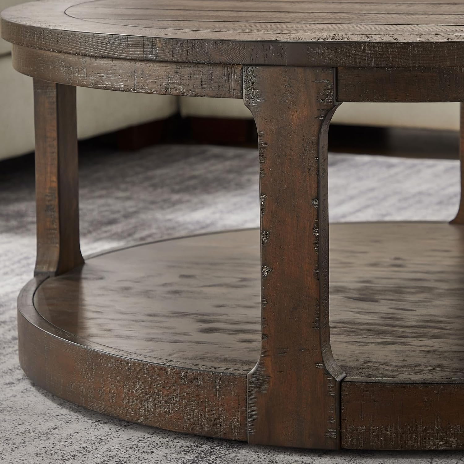 LKTART 40 Inch Round Coffee Tables for Living Room, Wood 2 Tier Circle Coffee Table with Wheels, Mid Century Large Center Table for Office, Apartment,Brown