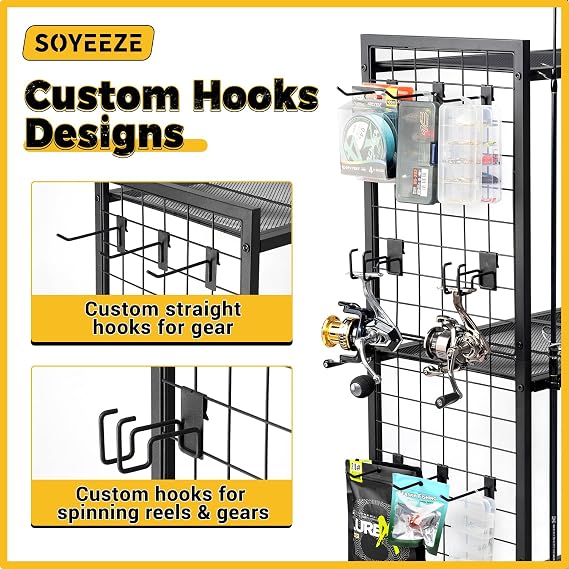SOYEEZE Fishing Rod Holder for 12 Rods, Rolling Fishing Pole Holders for Garage, 4 Tier Adjustable Fish Rod Rack with Lockable Wheels for Tackle Box, Fishing Supplies, a Display Fish Gear Gift for Man