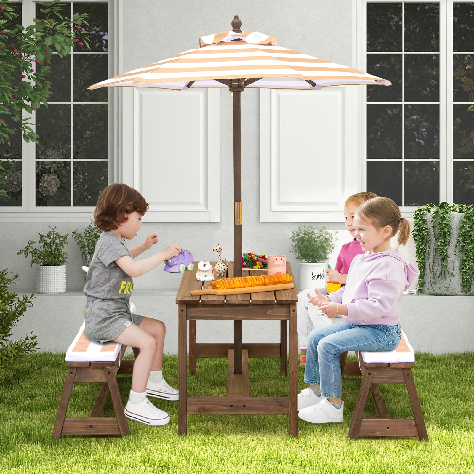 SOARS Set di Tavolo Picnic per Bambini con Ombrellone Regolabile, Panche per Bambini in Legno di Abete con Parasole e Cuscini Morbidi, Tavolo e Panchine Pranzo da Giardino e Parco (Marrone)