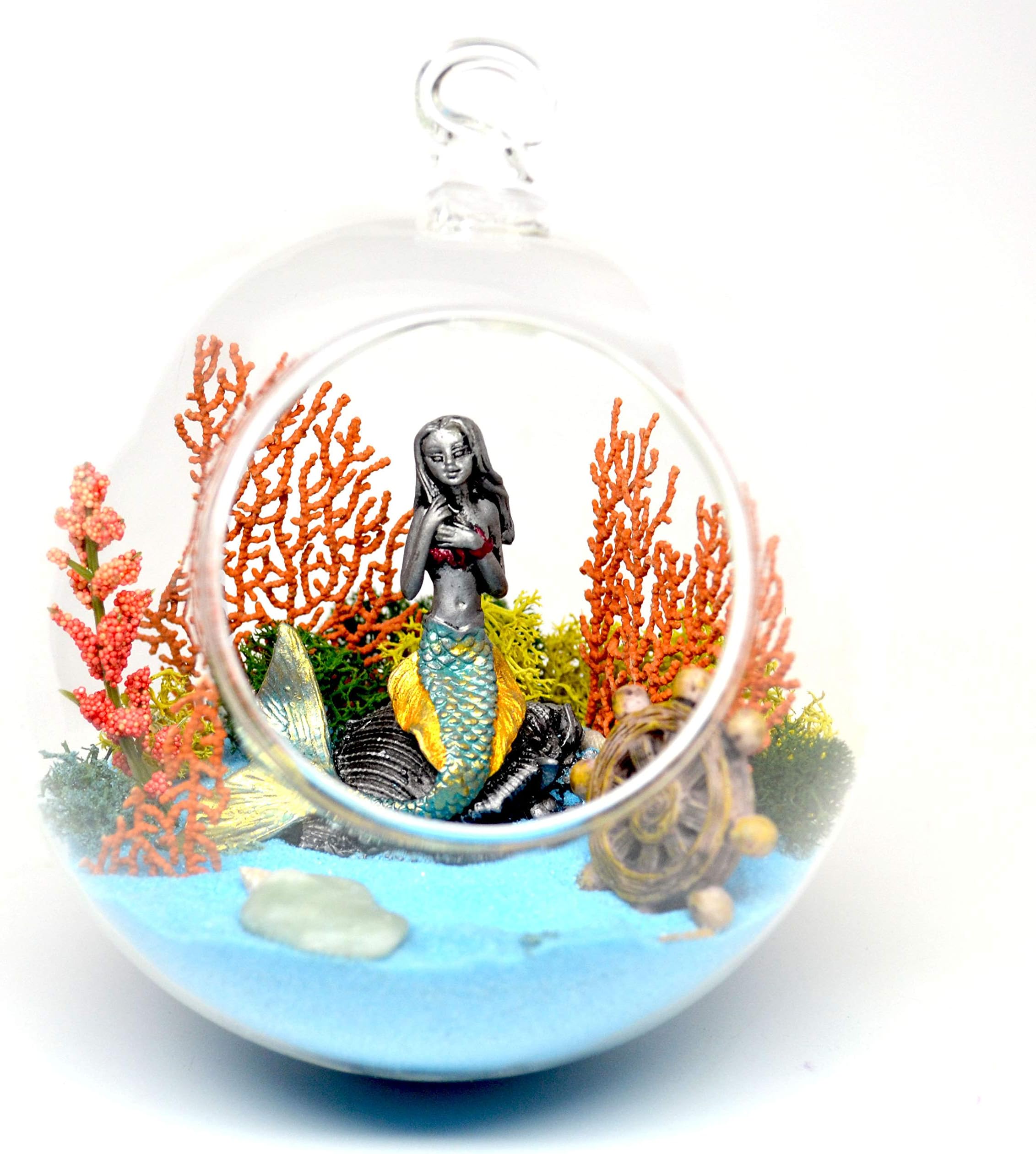 Pixie Glare Hanging Glass Terrarium Mermaid Kit. Under The Ocean Scene with Real Sea Fan, Dyed Sand, Pewter Mermaid and Accessories