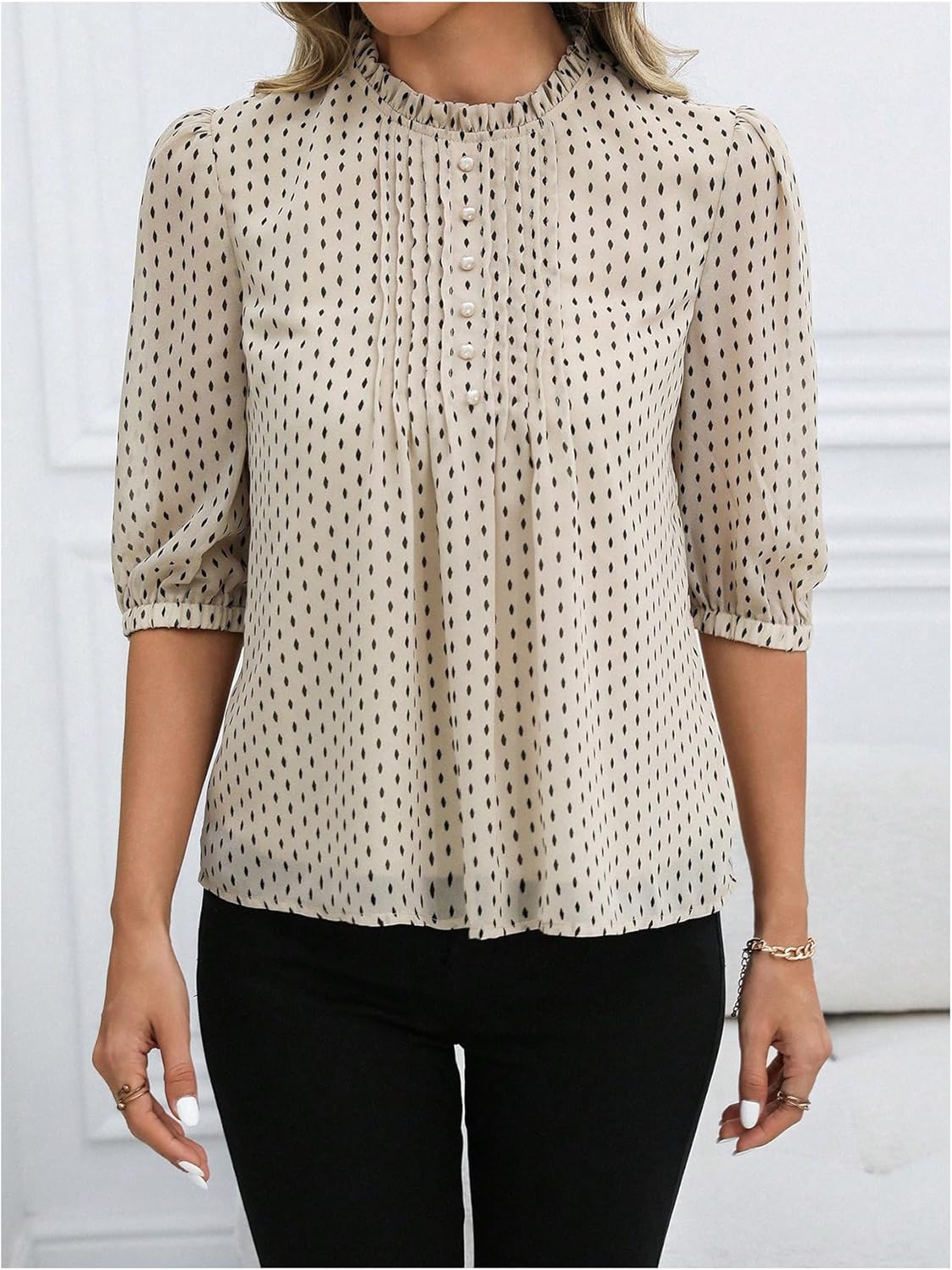 Milumia Women's Polka Dots Half Puff Sleeve Blouse Button Mock Neck Pleated Dressy Work Casual Tops - Image 3