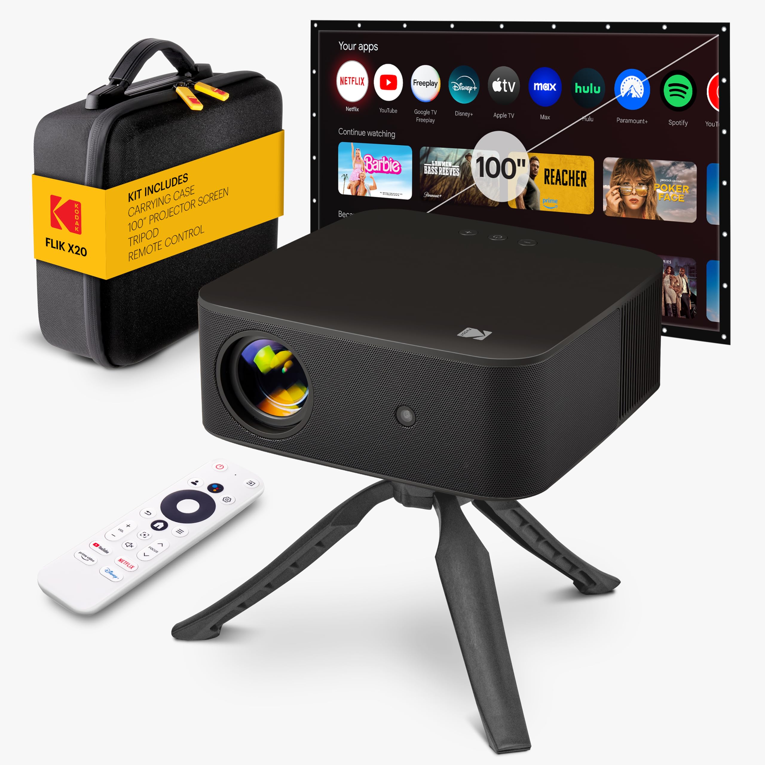 Kodak Flik X20 1080p Smart TV Projector Kit w/ 300 ANSI LED, Auto-Focus & Keystone, HDR10 – Portable Home Theater w/ Black EVA Case, Tripod, 100″