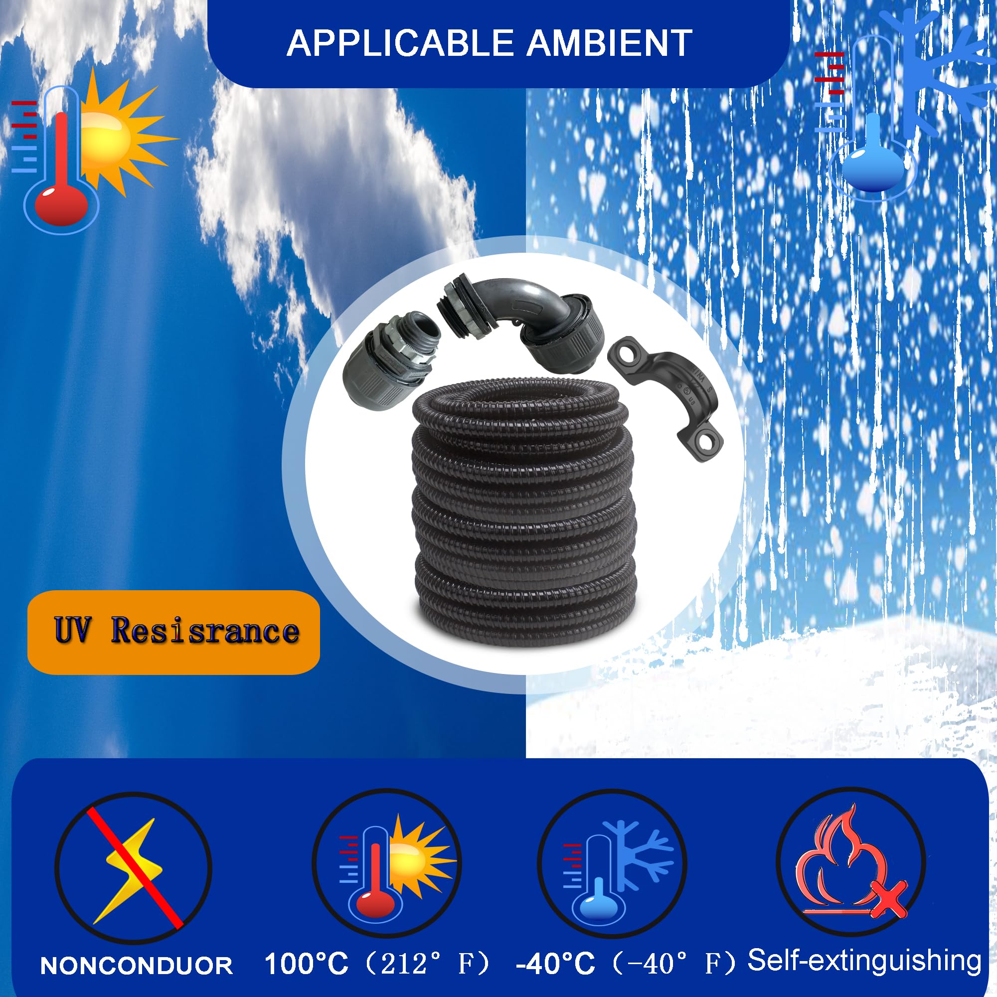 Kit di condotti elettrici extra flessibili in PVC (1,27 cm di diametro x 30,5 m) con 5 accoppiamenti, 5 gomiti e 10 cinghie, guarnizione Sealtight Flex Liquidtight Wire