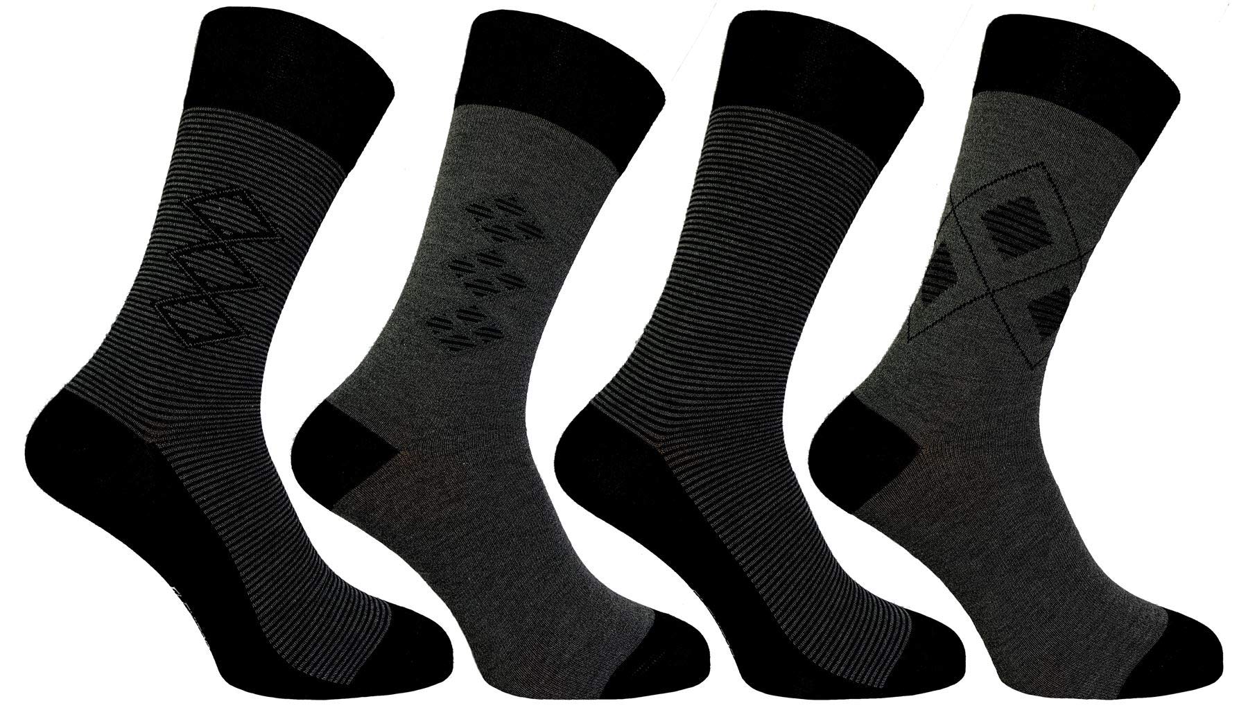 Flexitop Men's Bamboo stripe/ argyle design Socks with hand link toe 4 Pairs U.K. Size 6-11 grey mix FL125