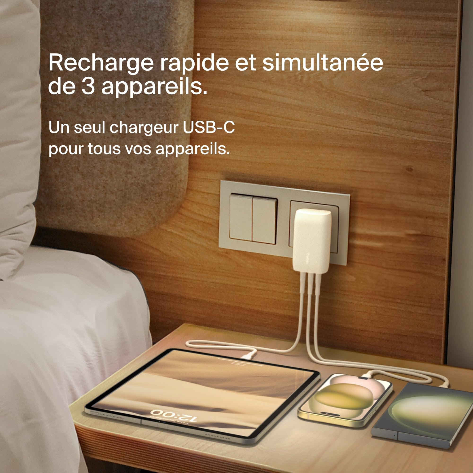 Belkin BoostCharge Chargeur Secteur 3 Ports USB-C avec PPS de 67 W (pour appareils USB-C PD 3.1 comme l’iPhone 16 (Tous modèles), MacBook Pro, AirPods, Galaxy, etc., câble USB-C vers USB-C Inclus)