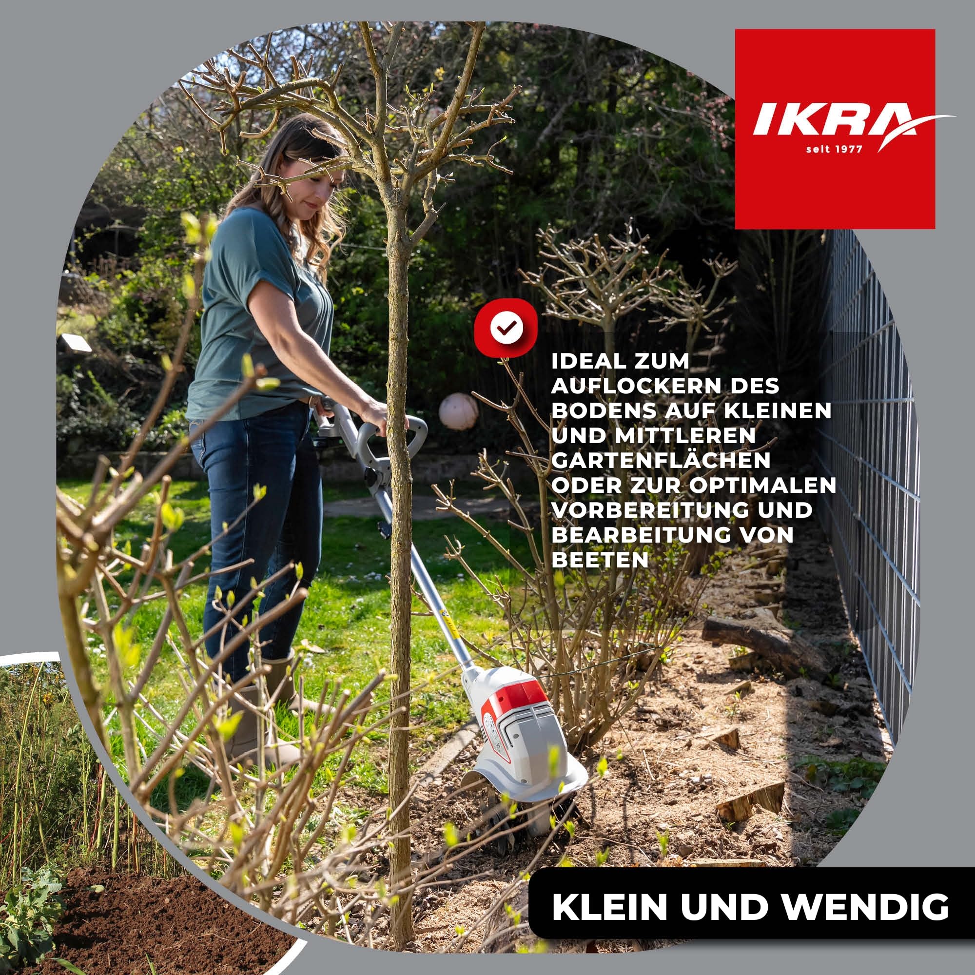 IKRA Bodenhacke IAMH 20, Arbeitsbreite 19cm, inkl. Akku & Ladegerät | Boden lockern und Saatbett vorbereiten, Arbeitstiefe bis 15,5cm, leicht, platzsparende Lagerung, 20V-Akku-Familie von IKRA