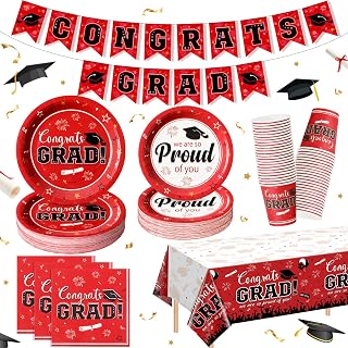 Graduation Plates and Napkins Set Serve 50, Class of 2026 Graduation Party Dinnerware Set, Red Disposable Paper Plates Napkins Banner Tablecloth for Graduation Congrats Grad Party Supplies