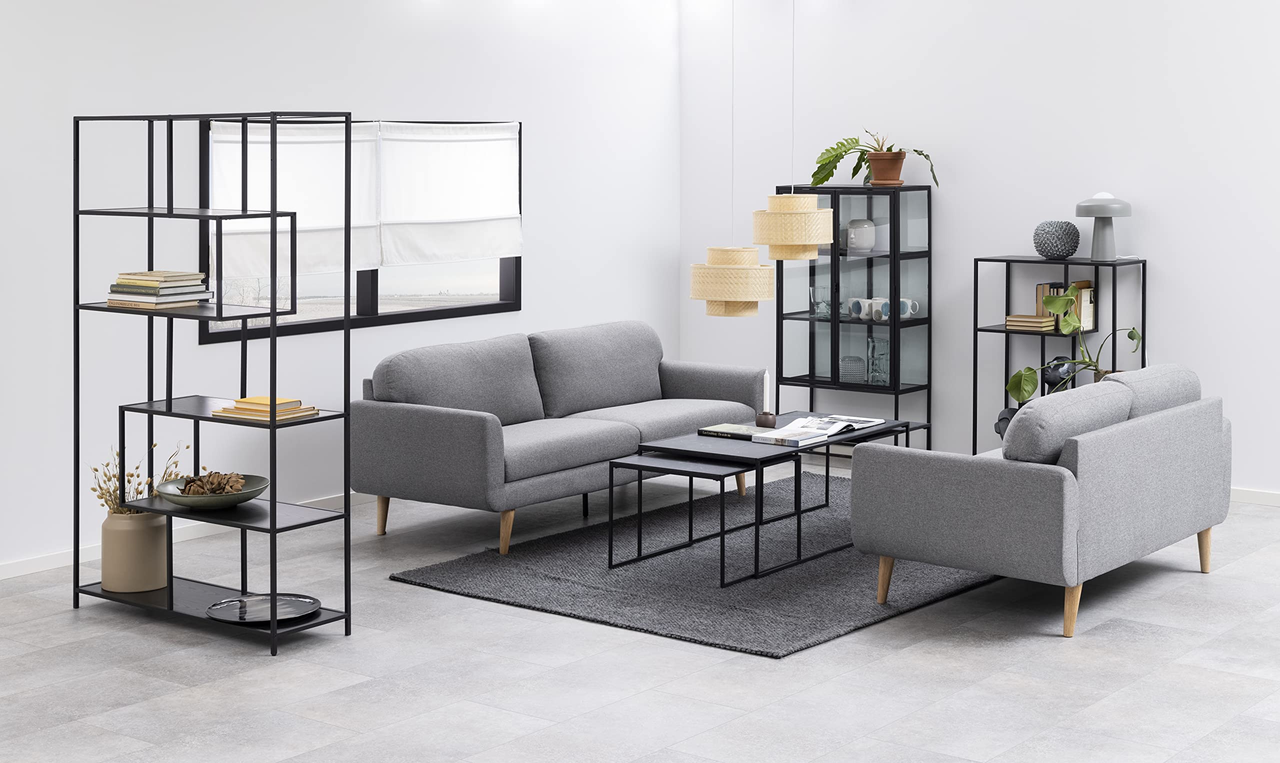 AC Design Furniture Jörn asymetryczny regał na książki z 5 półkami, wys. : 185 x szer.: 114 x głęb.: 35 cm, czarny jesion/czarny, drewno/metal, 1 szt.