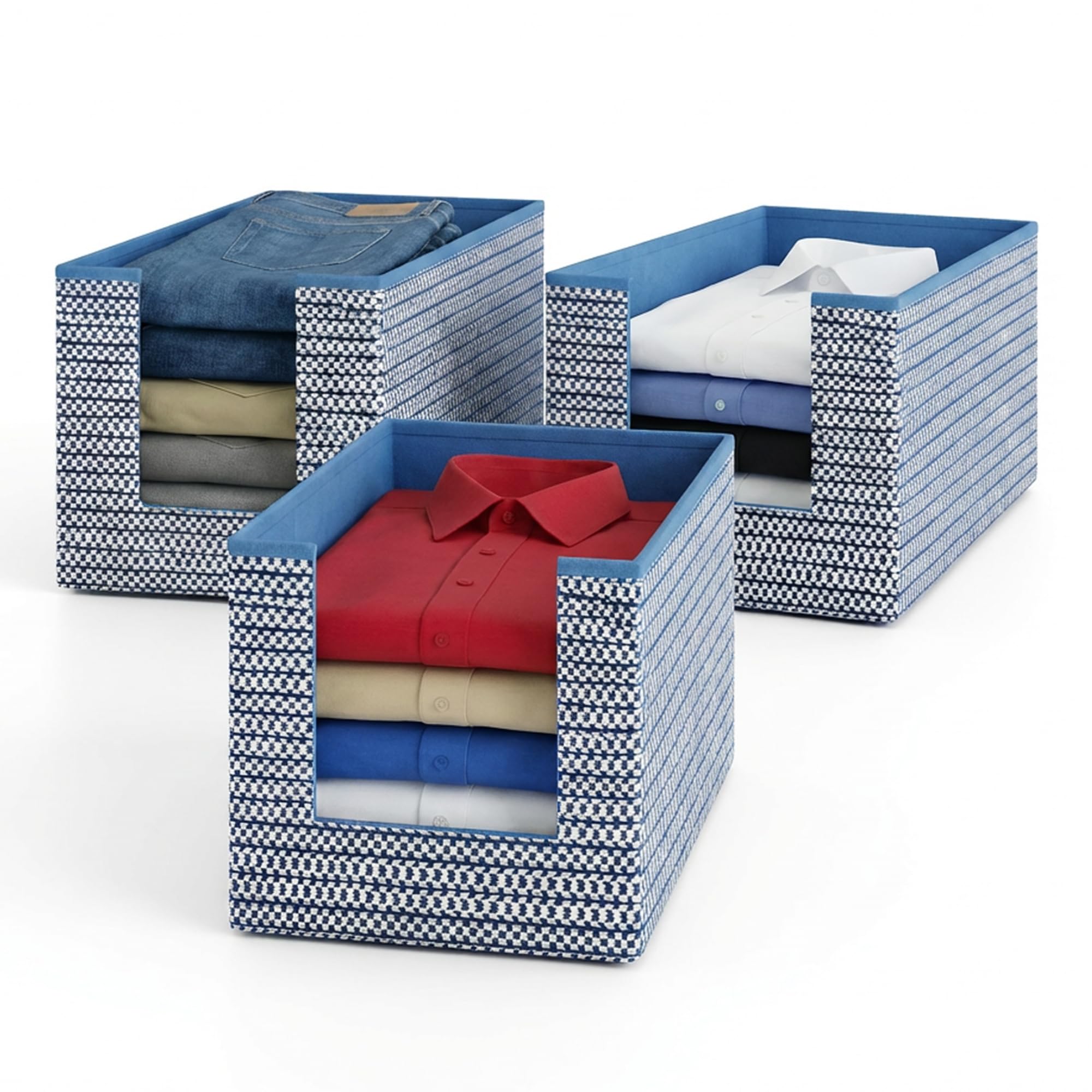 DALUCI Shirt Stacker & Clothes Organizer for Wardrobe | Non-Woven Foldable Storage Box for Cupboard, Closet & Bedroom | Strong Collapsible Fabric Organizer | 40x25x24 cm – Pack of 3 (Blue)