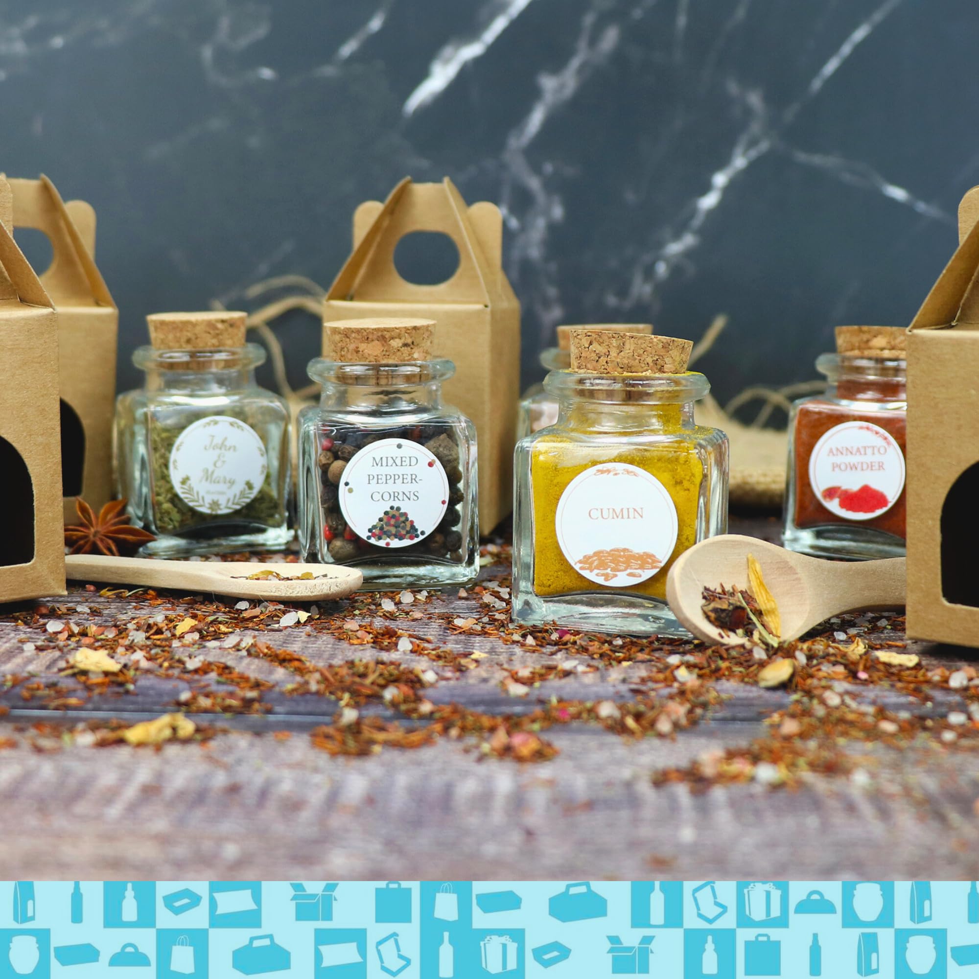Espirito Rebelde 20 Pots en Verre Carrés pour Épices 40ml avec Bouchon en Liège + 20 Boîtes Kraft | Bocaux Rangement Cuisine | Épices, Confiture, Yaourt