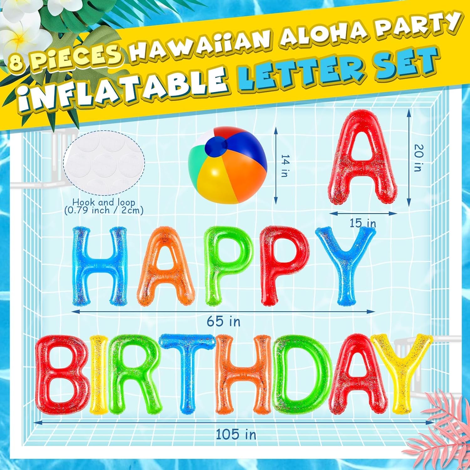 Sumind Happy Birthday Inflatable Pool Float Letters Set, 20 Inch Large Floating Birthday Decorations for Pool Party, 13 Letter Balloons with Adhesive Dots and Beach Balls