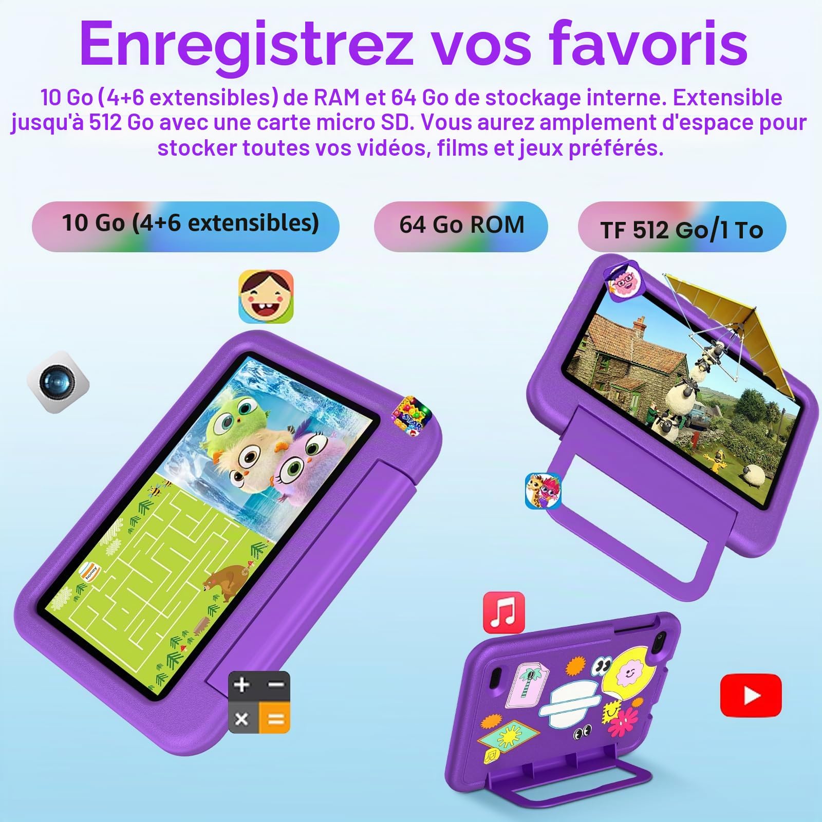 Tablette Enfants 7 Pouces Android AI Tablette avec 10GB RAM+64GB ROM(TF 1TB), Octa-Core|5G+2.4G WiFi 6 | Contrôle Parental | Dual Cameras | Bluetooth 5.0 | iWAWA Tablettes avec EVA Cas-Violet