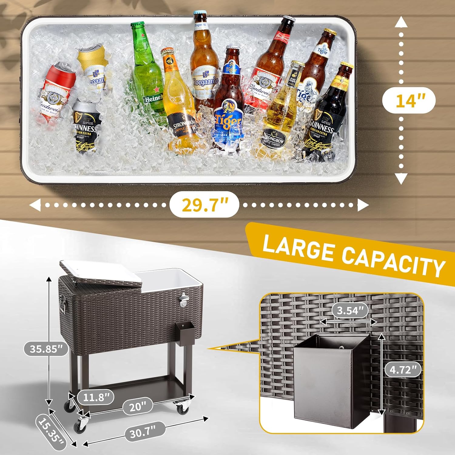 80 Quart Rolling Cooler with Wheels - Ice Chest Coolers Cart, Portable Stand Up Cooler Chest, Beverage Pool, Bottle Opener, Drain Plug for Outdoor Patio Bar Party