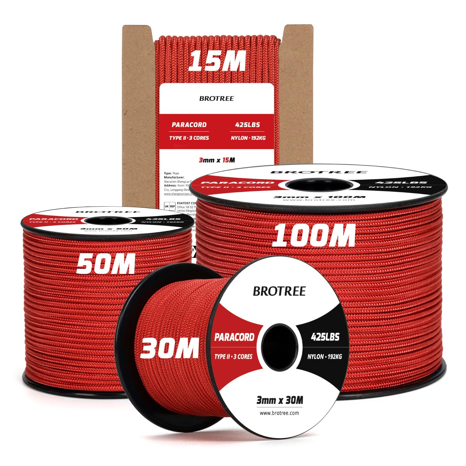 Brotree 3mm Paracord 425 100% Nylon 15M Rope 3 Strands Type II Parachute Cord for Outdoor, Craft, DIY - 192kg Breaking Load (Red)