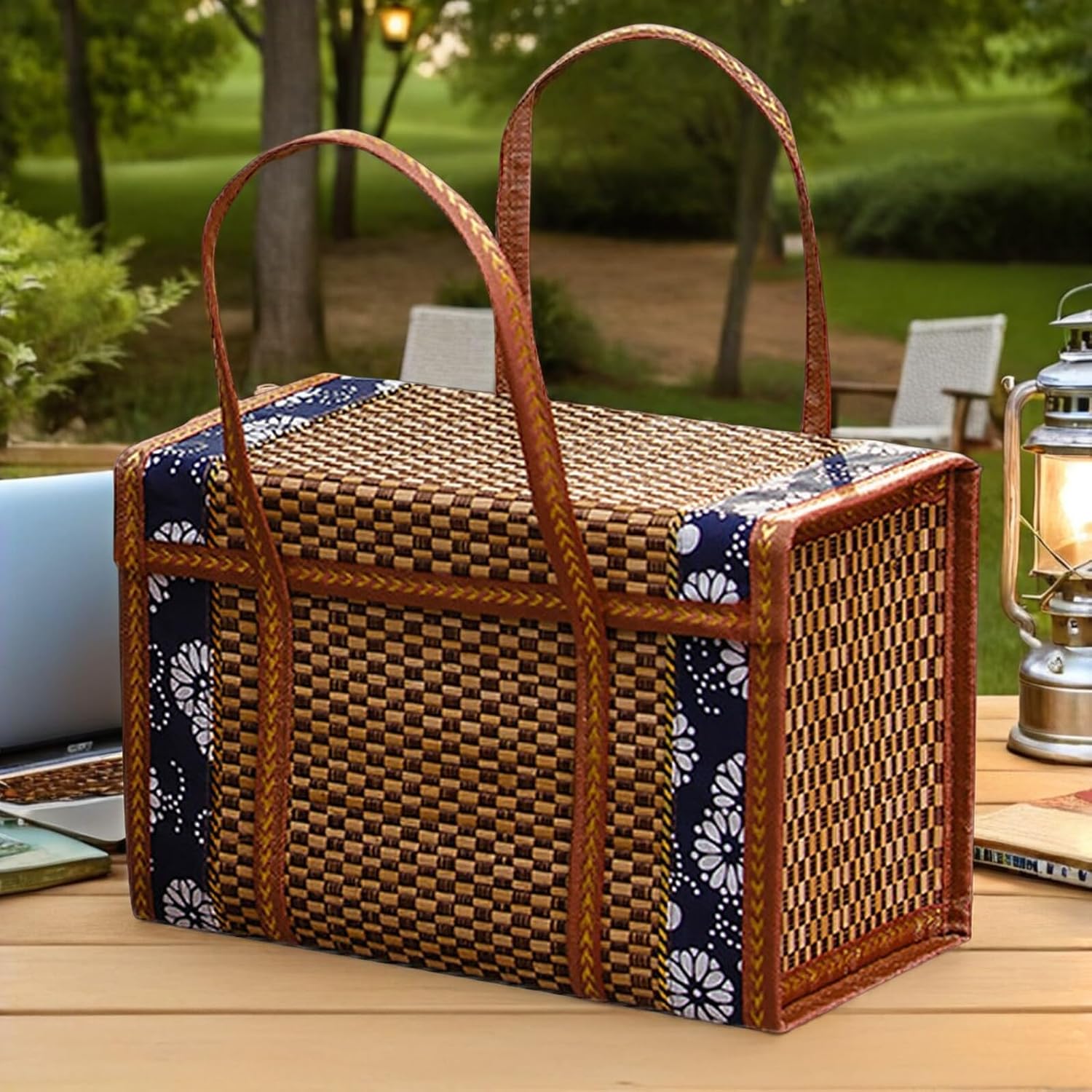 SUPVOX Portable Bamboo Fruit Basket: Folding Woven Storage Basket with Lid and Handle for Picnic - 13.77x10.43x7.08 Inch (Brown)