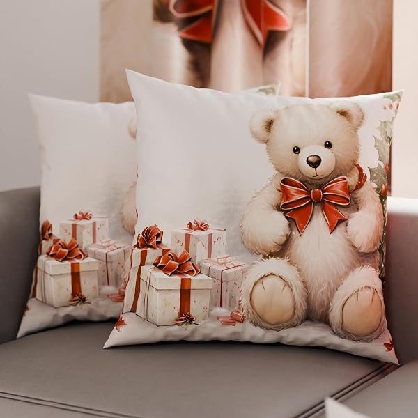 PETTI Artigiani Italiani - Coppia di Federe Cuscino 40x40 cm in Microfibra, Federe Natalizie, Cuscini Arredo di Natale Camera da Letto, Divano, Salotto, Set 2 Fodere Copricuscino, Federa Orsetto 01 - 1