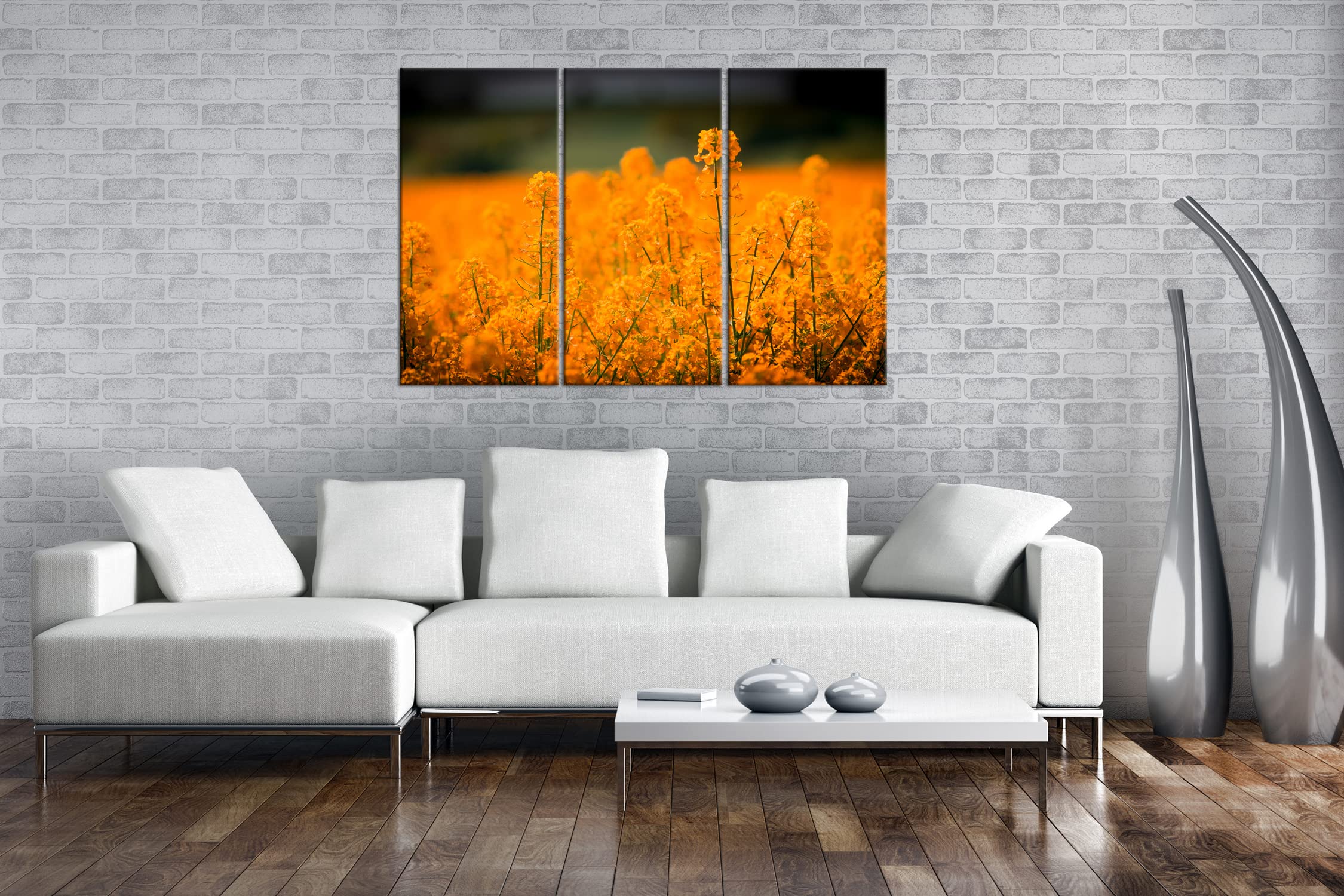 Large Champ de Colza comme Impression sur toile Motif montée sur cadre en bois véritable, Impression numérique de qualité avec cadre, pas poster ou Affiche, Toile, Dreiteilig (120x80)