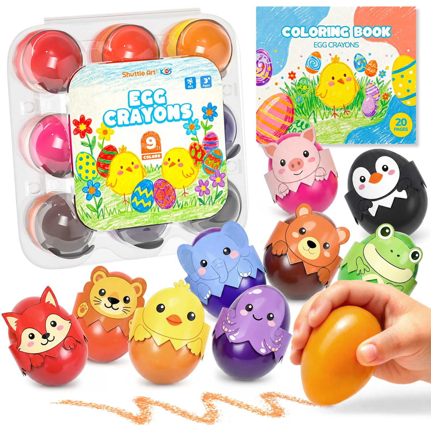 Shuttle Art Egg Crayons for Toddlers 1-3, 9 Colors Palm-Grasp Jumbo Crayons with Coloring Book, Washable & Mess-Free Art Supplies & Gifts for Boys and Girls